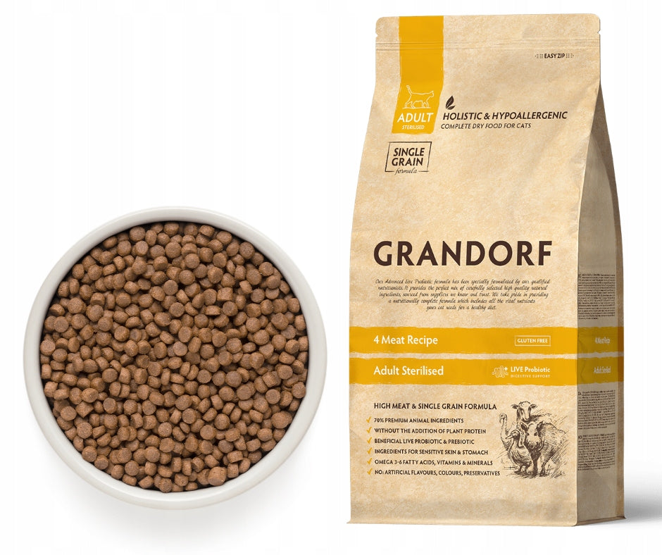 GRANDORF 4 Meat Adult Sterilised 2kg + FREEBIE BALL WITH CAT Brand Grandorf