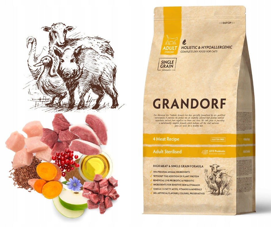 GRANDORF 4 Meat Adult Sterilised 2kg + FREEBIE BALL WITH CAT