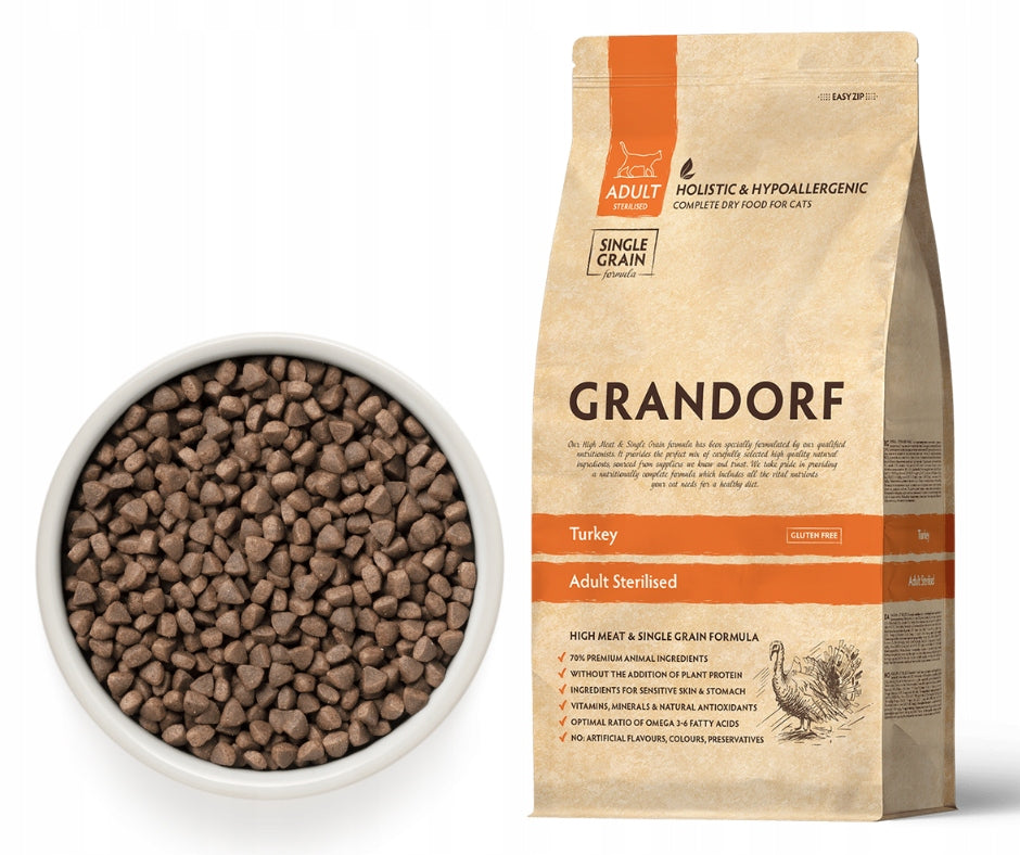 GRANDORF Turkey Adult Sterilised 2 kg + FREEBIE BALL WITH CAT Brand Grandorf