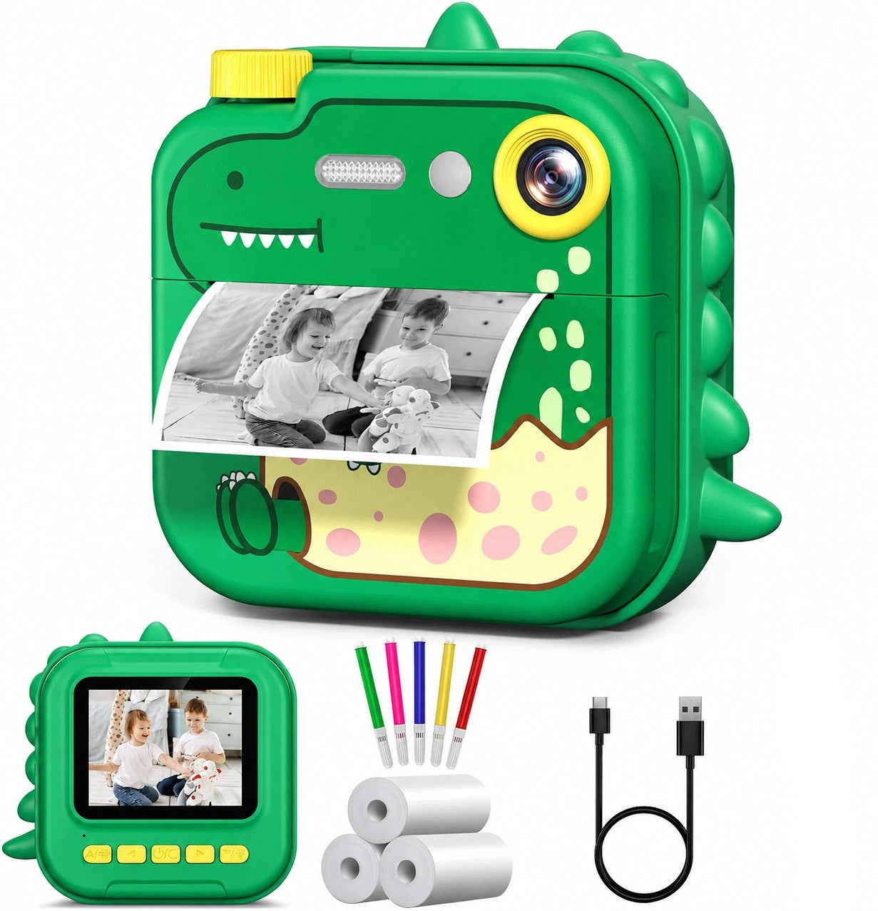 GREEN CAMERA FOR CHILDREN WITH THE POSSIBILITY OF PRINTING - DINOSAUR MOTIF