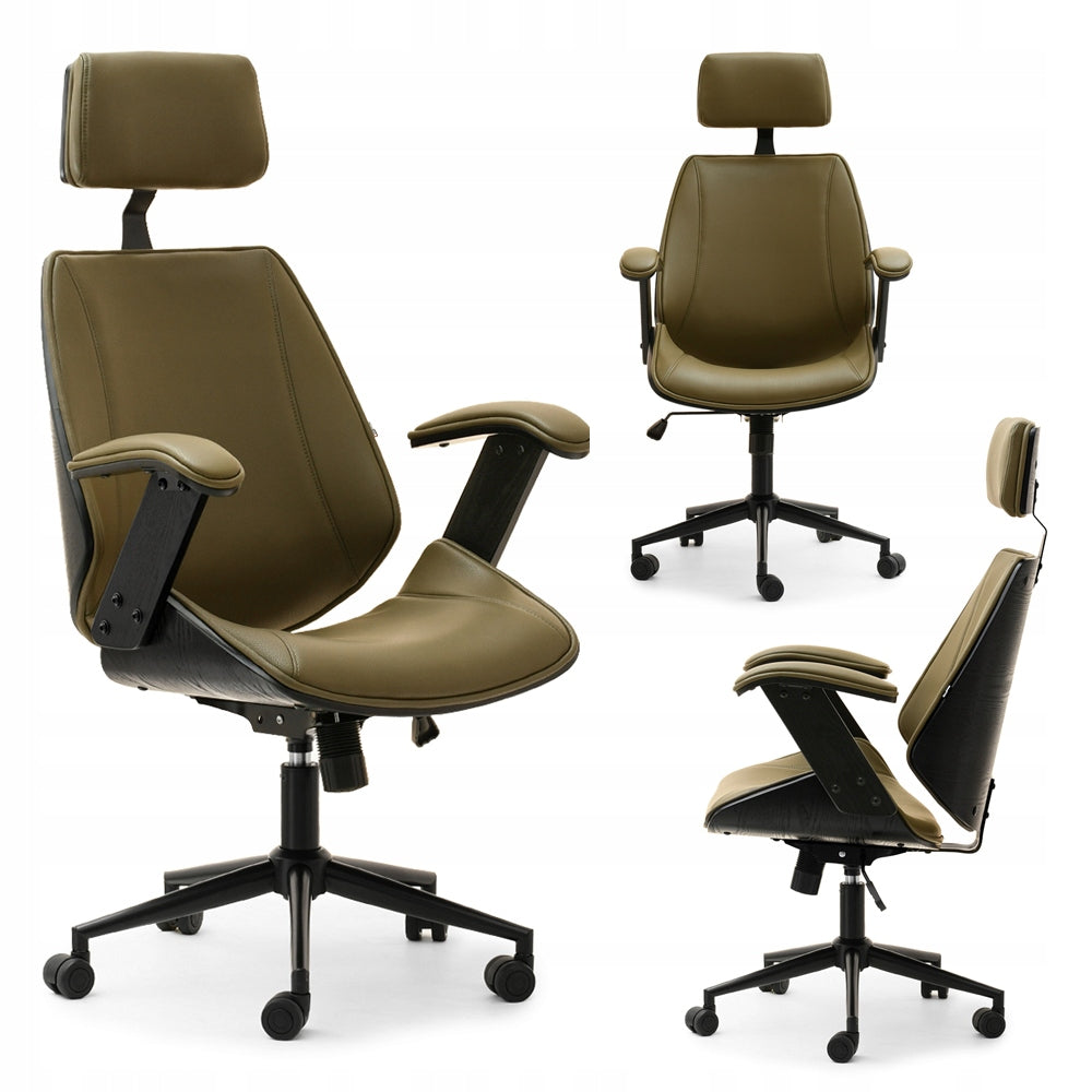 GREEN LEATHER OFFICE CHAIR WITH ARMRESTS HEADREST FRANK BLACK