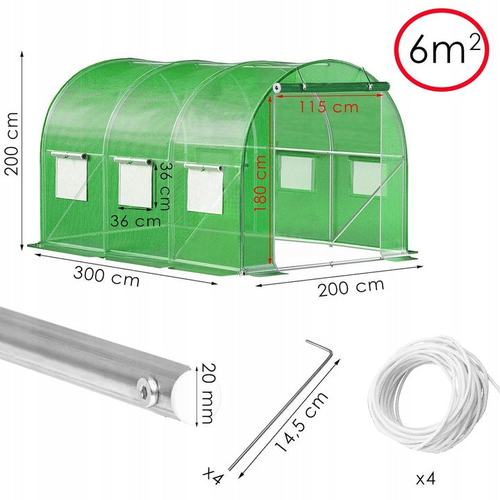 GREENHOUSE FOIL GARDEN TUNNEL 2x3 6m2 GREEN FOIL + FRAME 3x2m Width 2 m