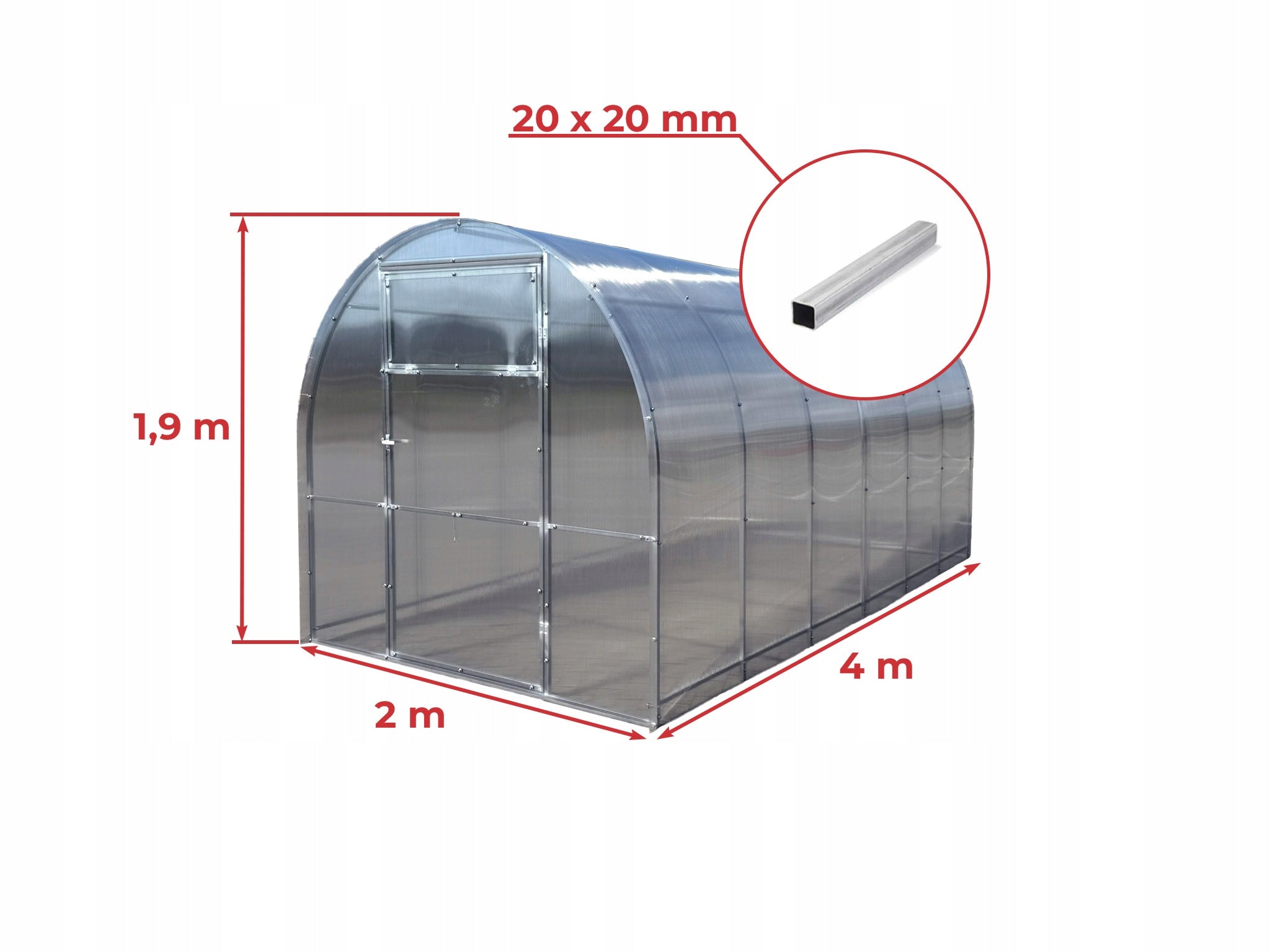 GREENHOUSE MADE OF POLYCARBONATE 6mm 2x4m with ZINC TUNNEL 20x20mm Manufacturer Profimet