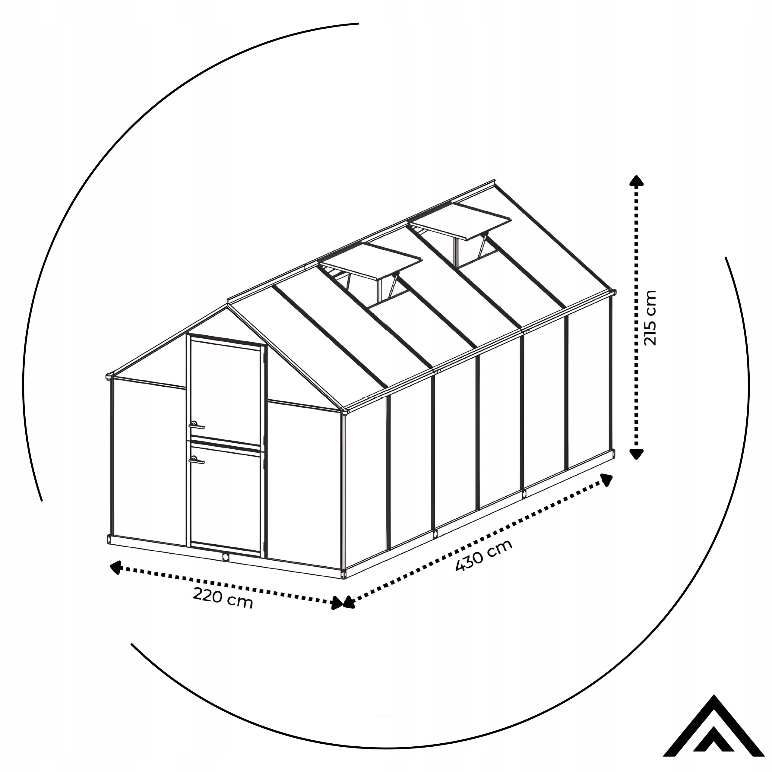 GREENHOUSE POLYCARBONATE GARDEN COTTAGE TUNNEL ROOF WINDOWS 4,30X2,20X2,15cm Packaging status original