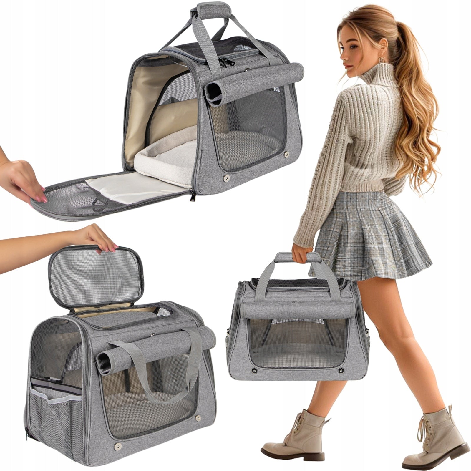 GREY CAT DOG BAG STRONG LIGHTWEIGHT COMFORTABLE WITH POCKETS AND REFLECTORS Manufacturer code TRANSPORTER DLA KOTA I PSA CITTY GRAY