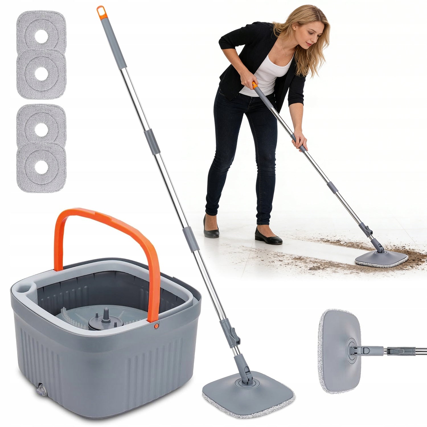 GREY MOP WITH TWO-CHAMBER BUCKET AND MULTIFUNCTIONAL MICROFIBER INSERTS
