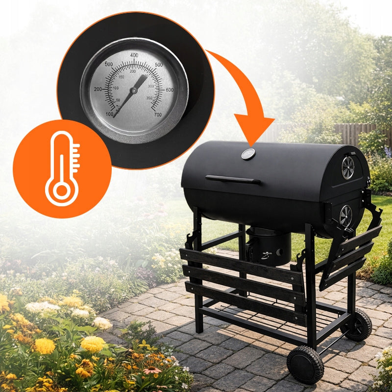 GRILL BARREL WITH LID LARGE CHARCOAL GARDEN WITH SHELVES THERMOMETER ASHTRAY Grill depth 64 cm