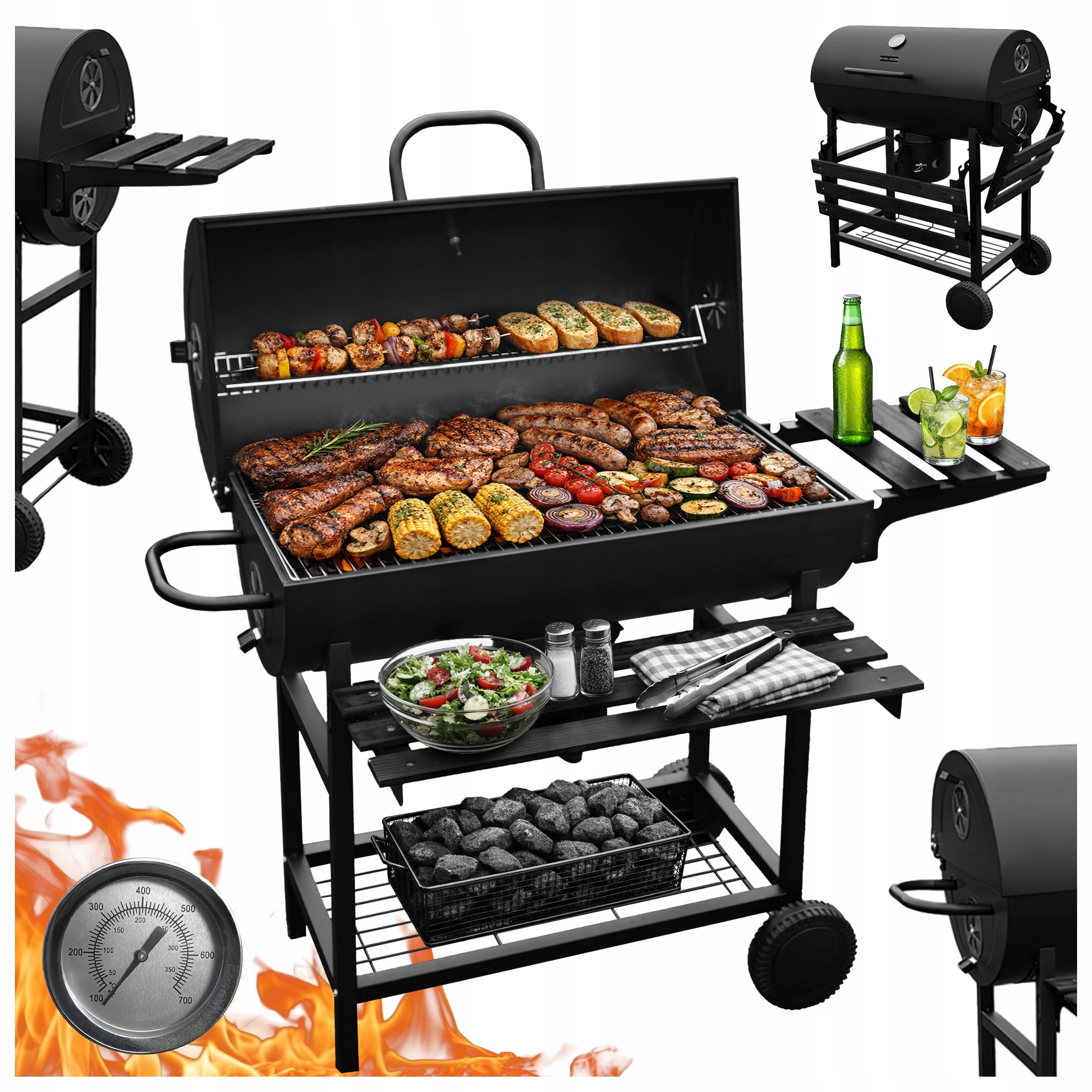 GRILL BARREL WITH LID LARGE CHARCOAL GARDEN WITH SHELVES THERMOMETER ASHTRAY