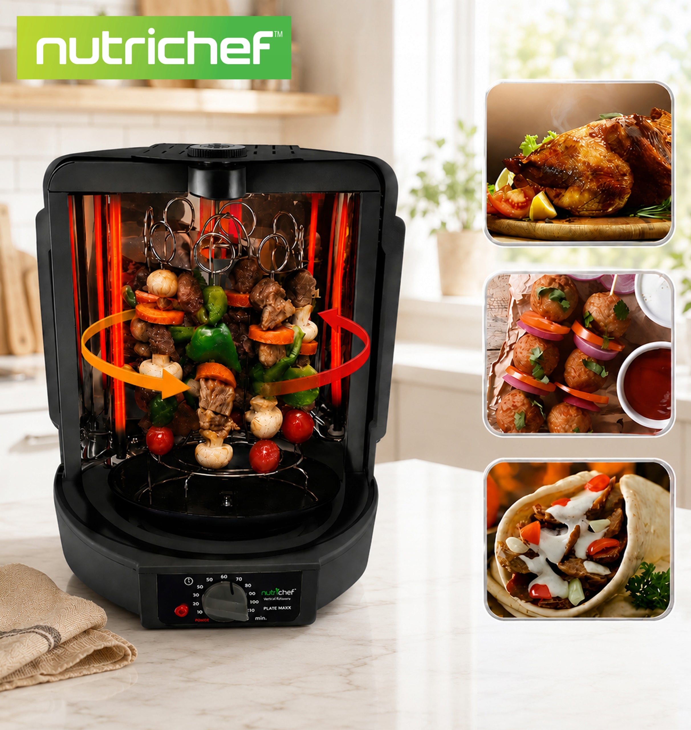 GRILL TRADITIONAL VERTICAL TOASTER KEBAB CHICKEN MULTIGRILL NUTRICHEF Model PKRT16BK