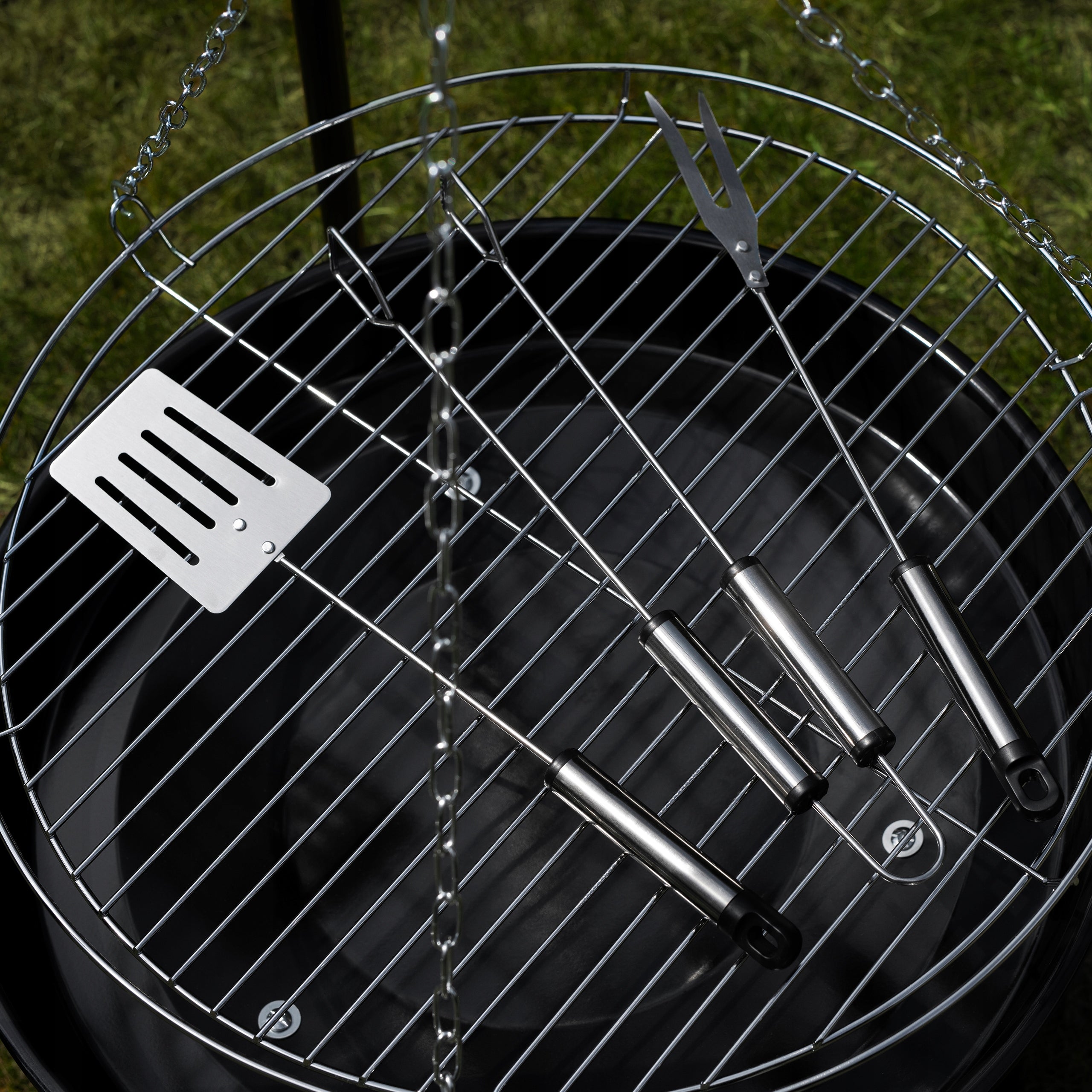 GRILL TRIPOD Garden Fire Pit Hanging Grill Large Adjustable Carbon 2in1 Grill depth 8 cm