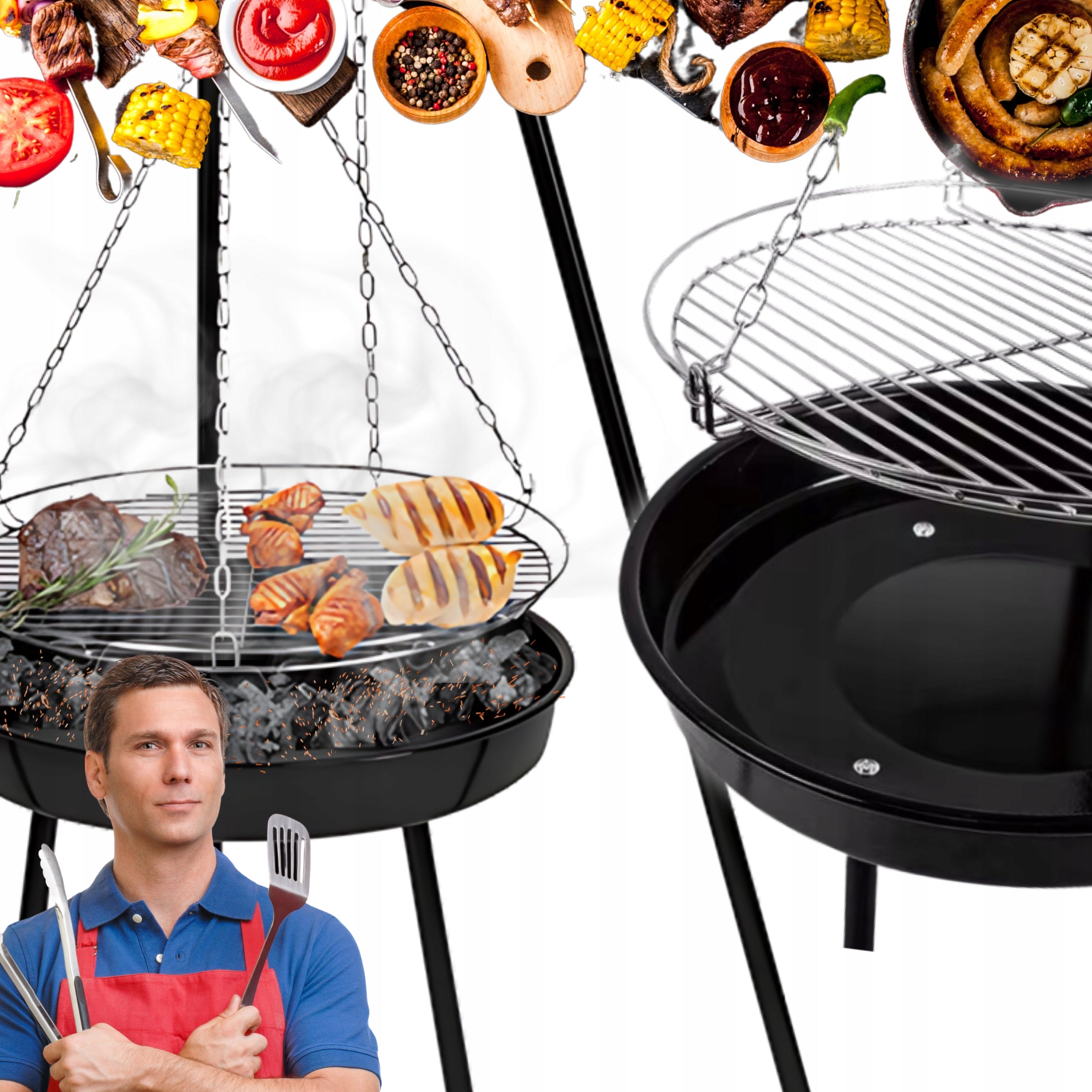 GRILL TRIPOD Garden Fire Pit Hanging Grill Large Adjustable Carbon 2in1