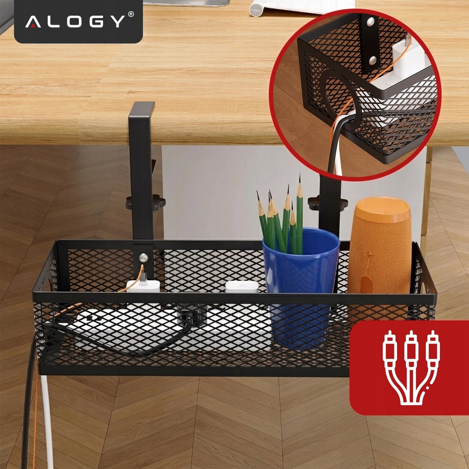GRILLE CABLE ORGANIZER FOR CABLES UNDER THE TABLETOP DESK TROUGH SHELF BASKET Color black