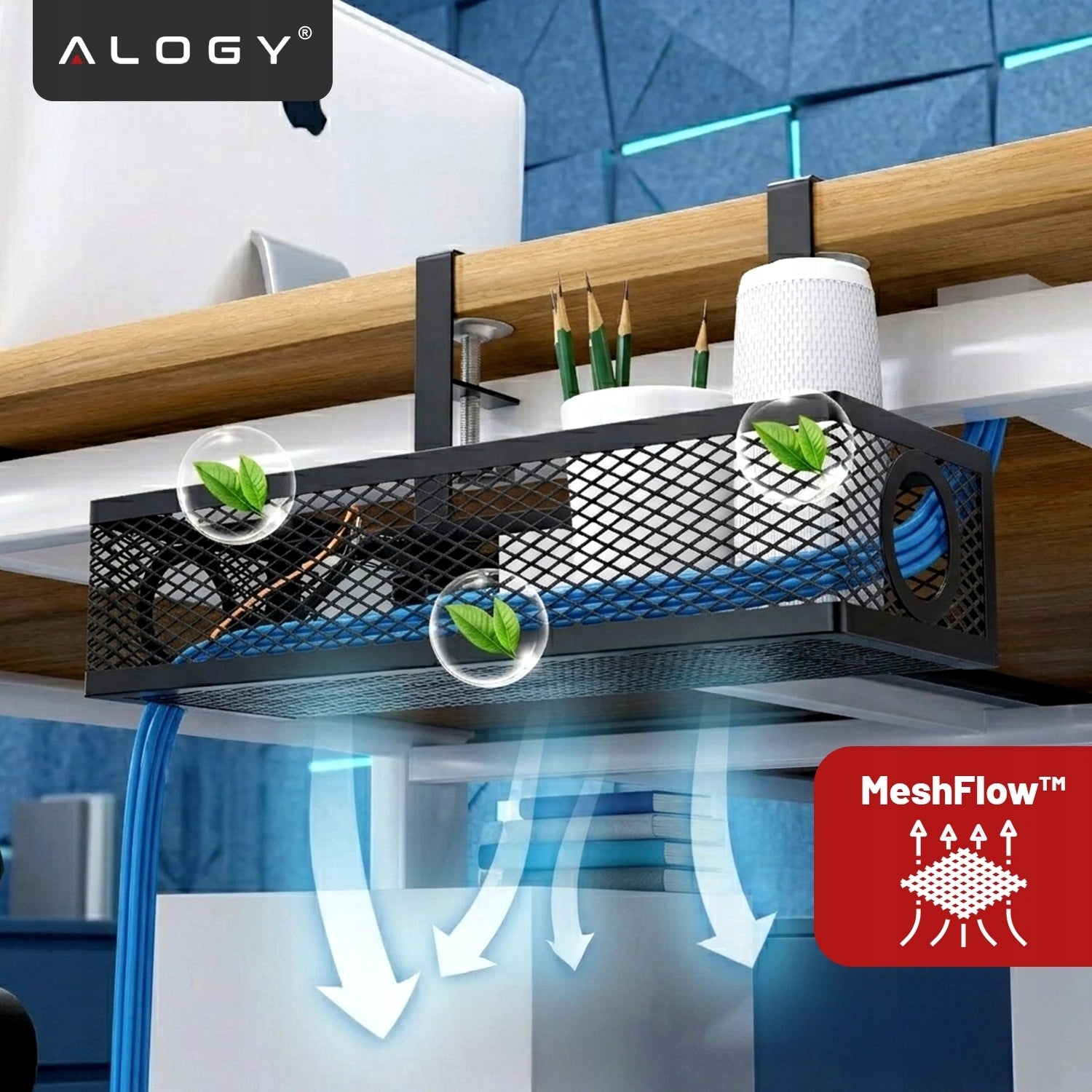 GRILLE CABLE ORGANIZER FOR CABLES UNDER THE TABLETOP DESK TROUGH SHELF BASKET Manufacturer code Półka schowek na listwy, kable 82222