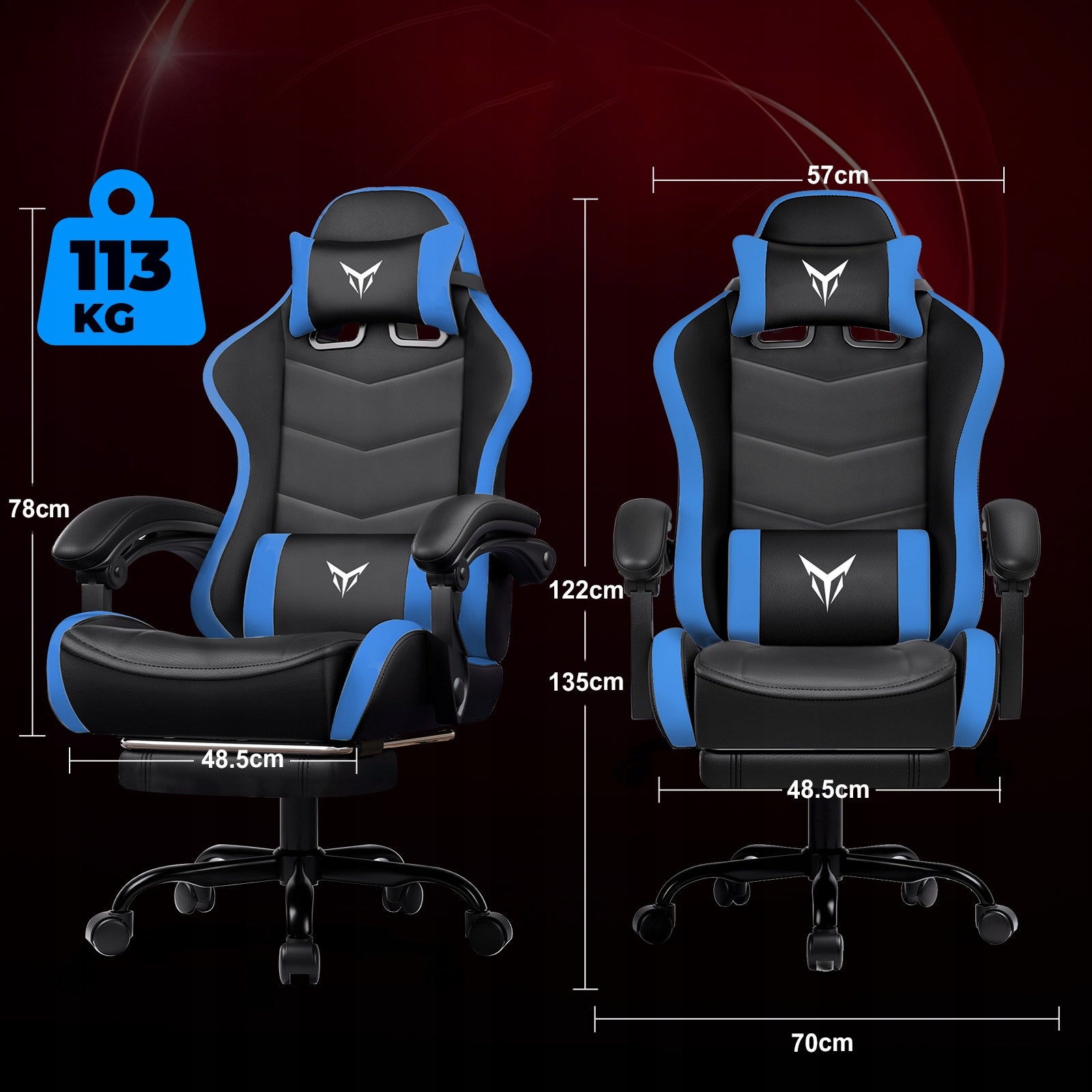 GTPLAYER Fotel Gamingowy z Podnóżkiem, Ergonomiczny Fotel Biurowy Niebieski Model z Podnóżkiem