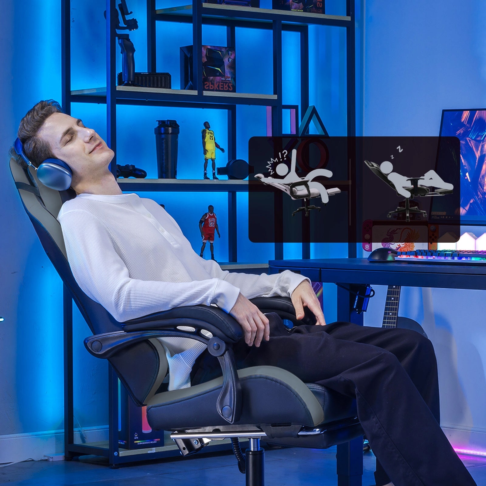 GTPLAYER Fotel Gamingowy z Podnóżkiem, Ergonomiczny Fotel Biurowy Szary Packaging status original