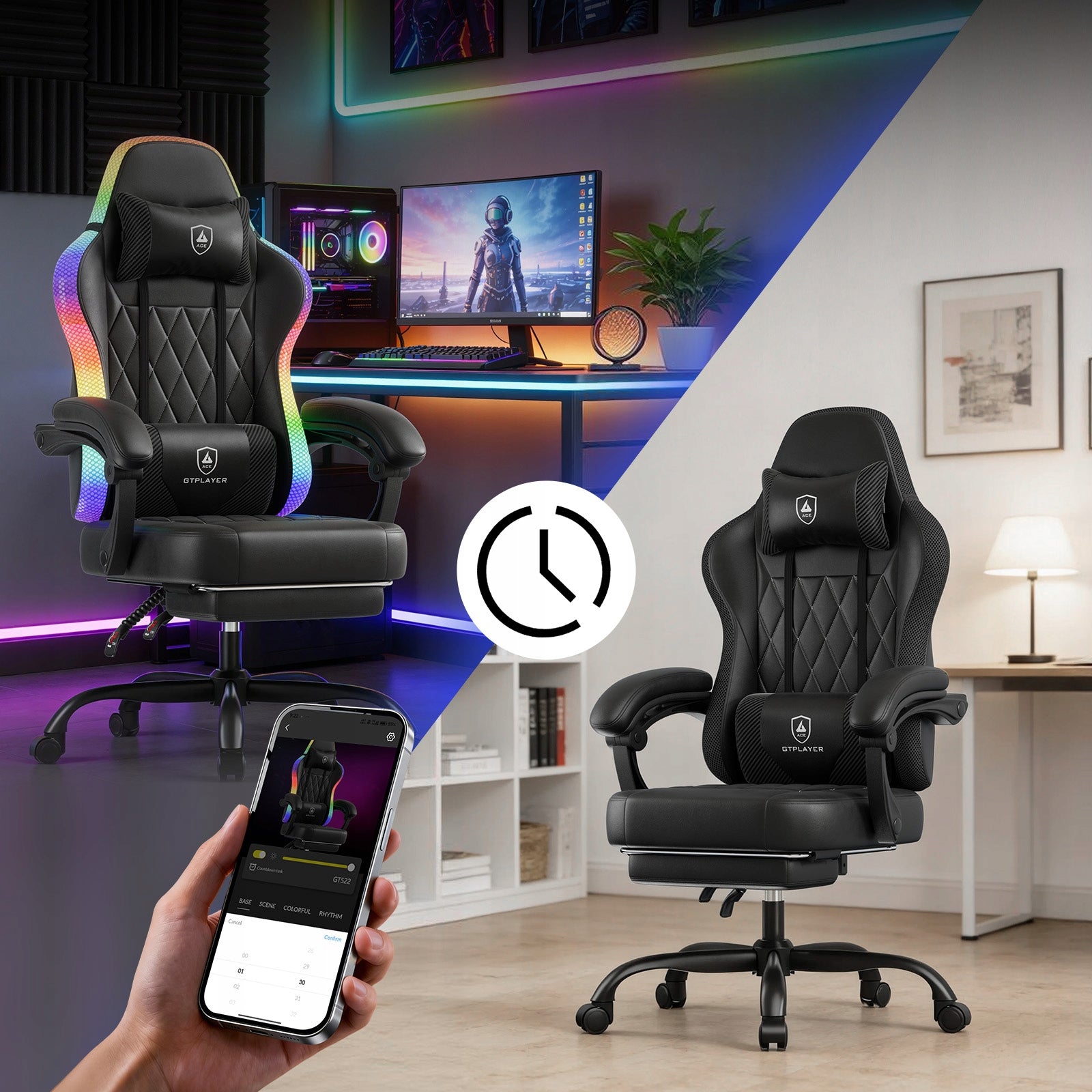 GTPLAYER Gaming Chair z LED - Fotel Gamingowy , Obrotowy z Podnóżkiem Furniture depth 47 cm