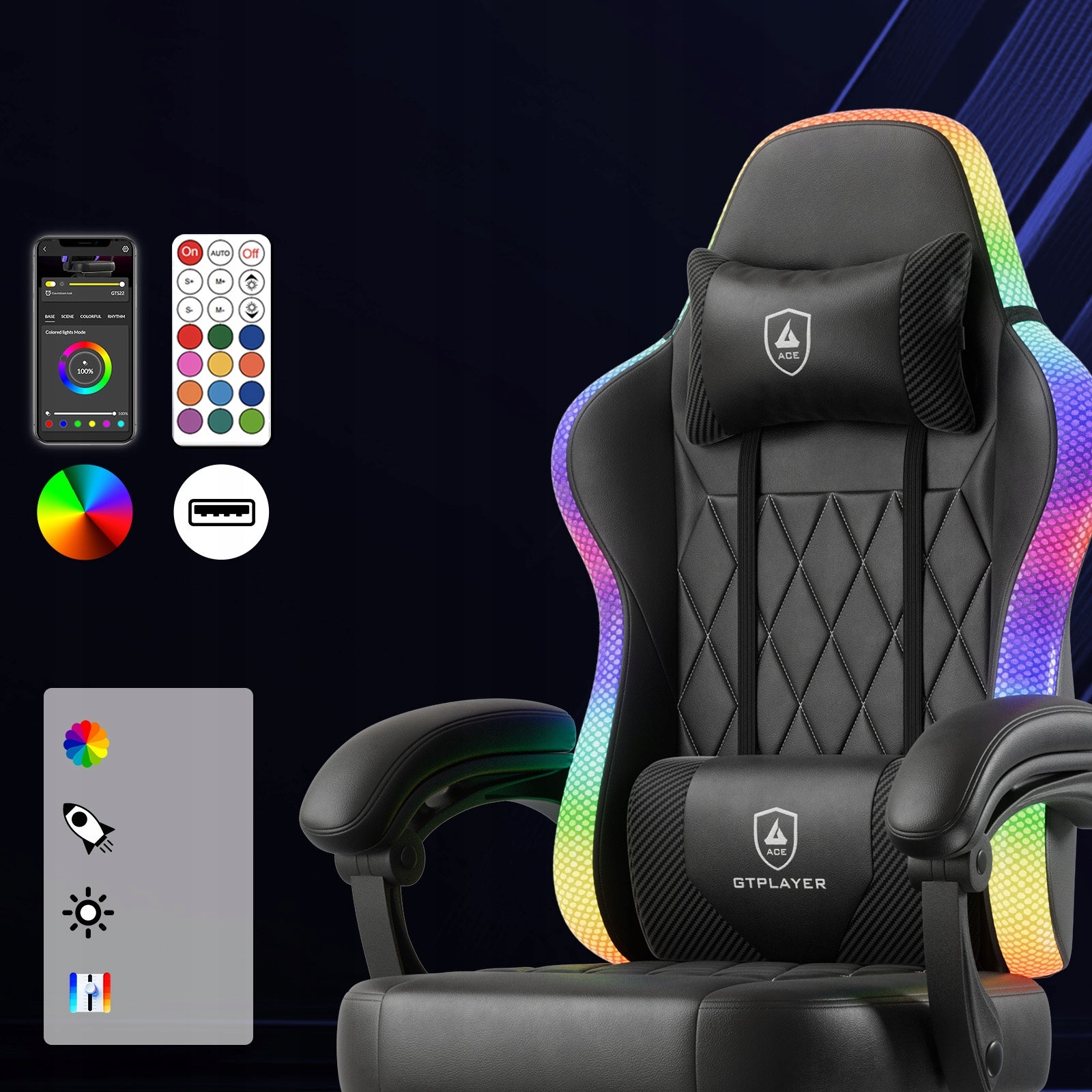 GTPLAYER Gaming Chair z LED - Fotel Gamingowy , Obrotowy z Podnóżkiem Furniture height 132 cm