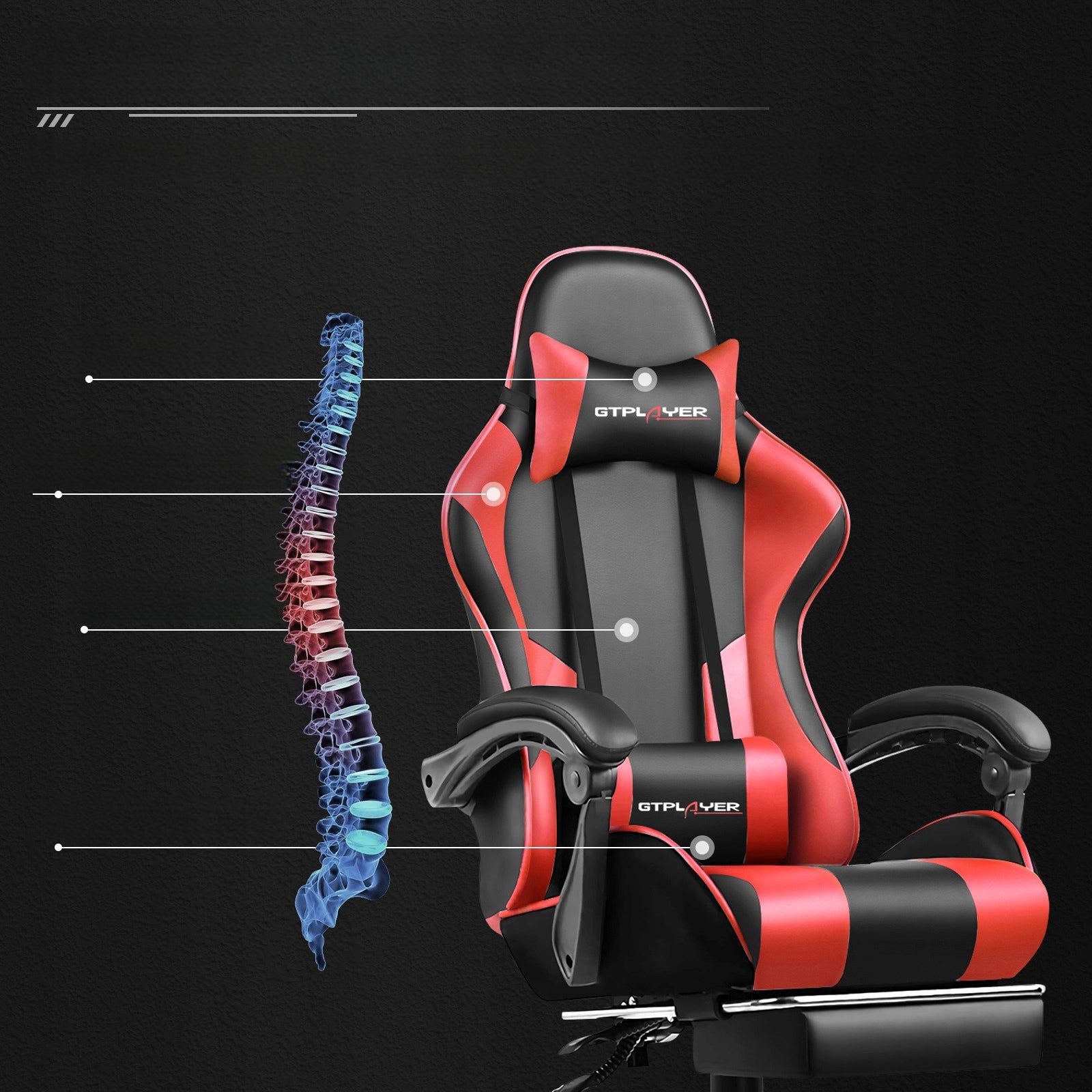 GTPLAYER Gaming chair with footrest and lumbar massage cushion Manufacturer code GT800A-RED