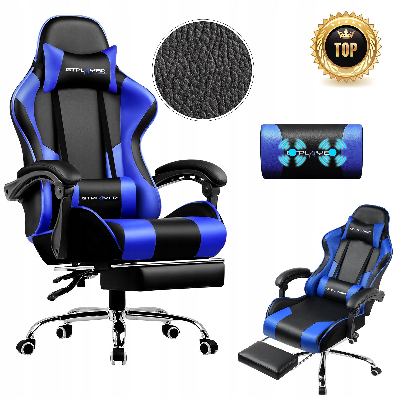 GTPLAYER Gaming chair with footrest and lumbar massage cushion