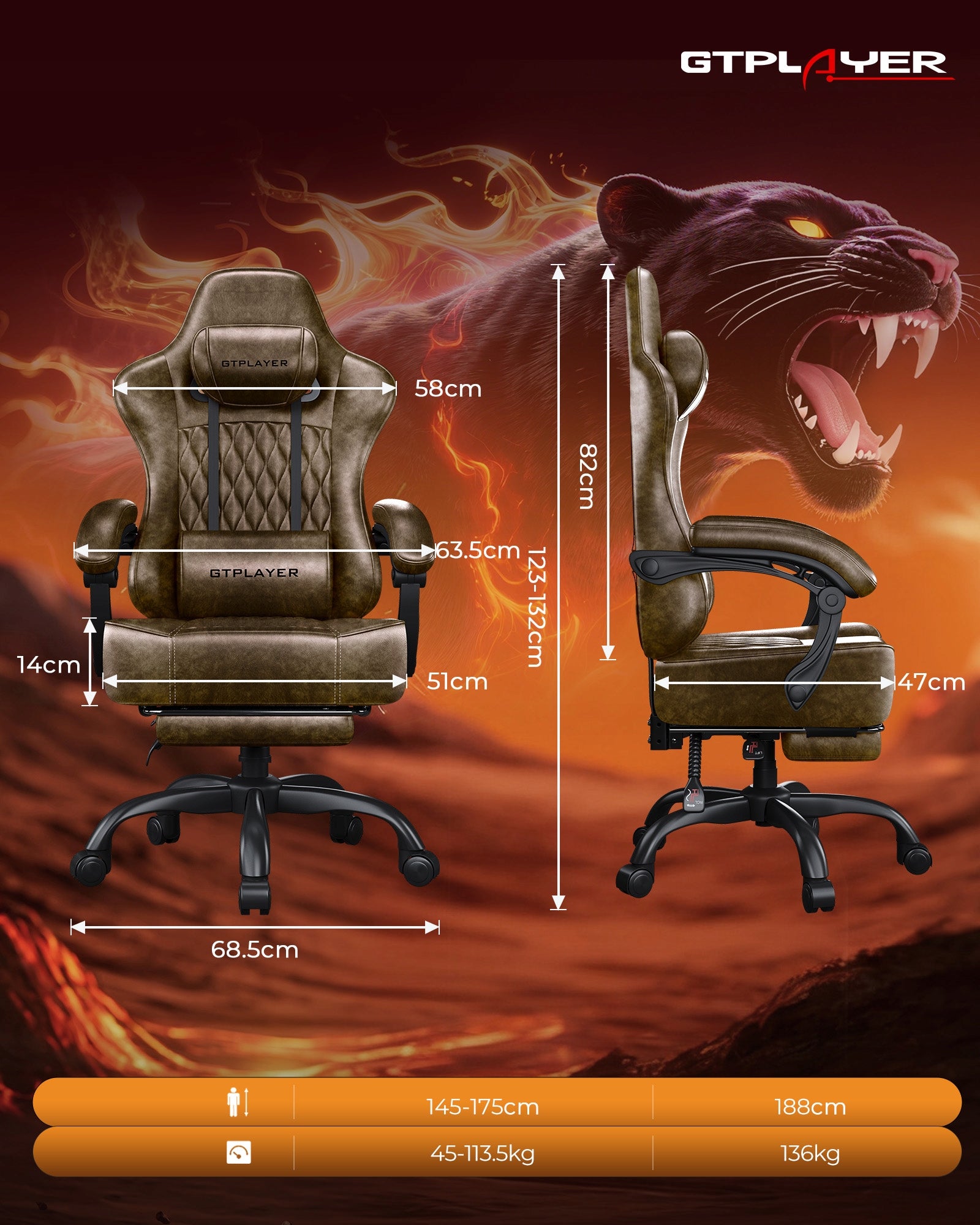 GTPLAYER Krzesło gamingowe, ergonomiczne krzesło biurowe Furniture width 63.5 cm