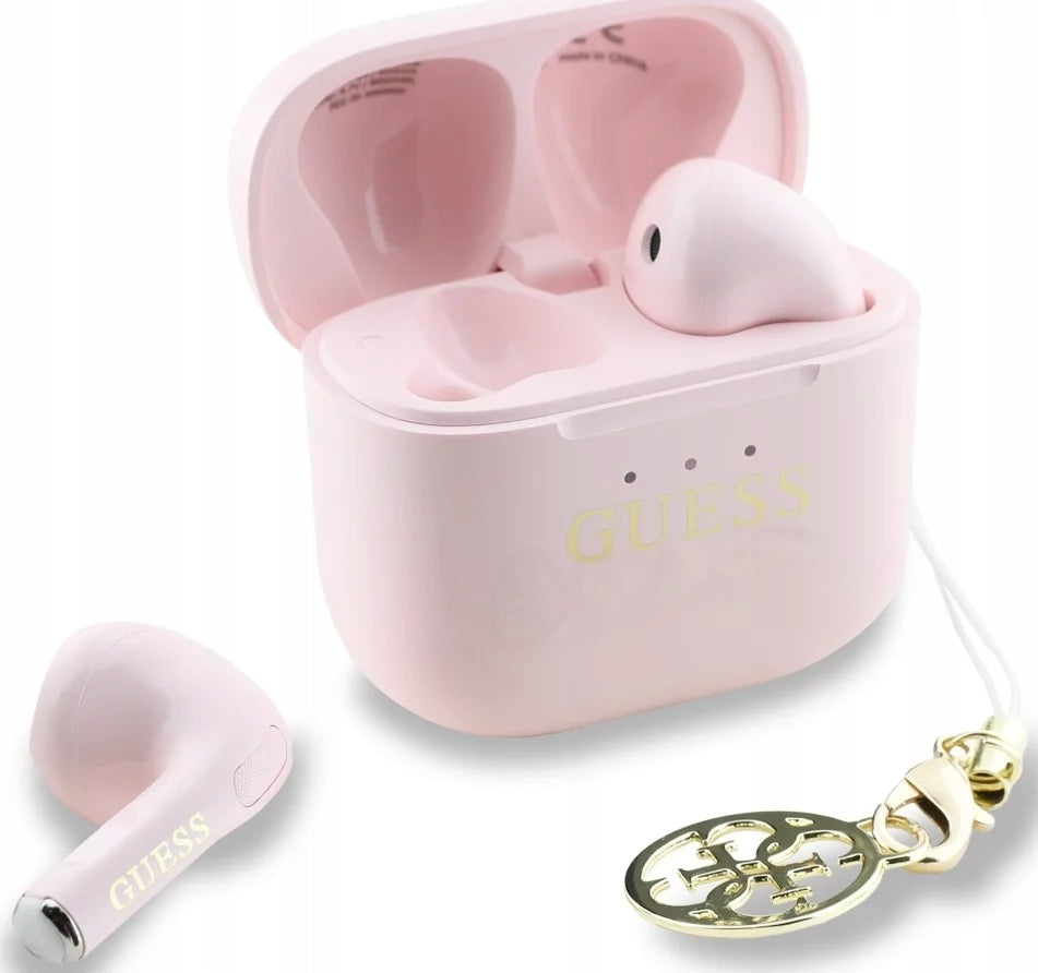 GUESS Glossy Effect Printed Classic Logo & Charm In-Ear Headphones Pink Brand Guess
