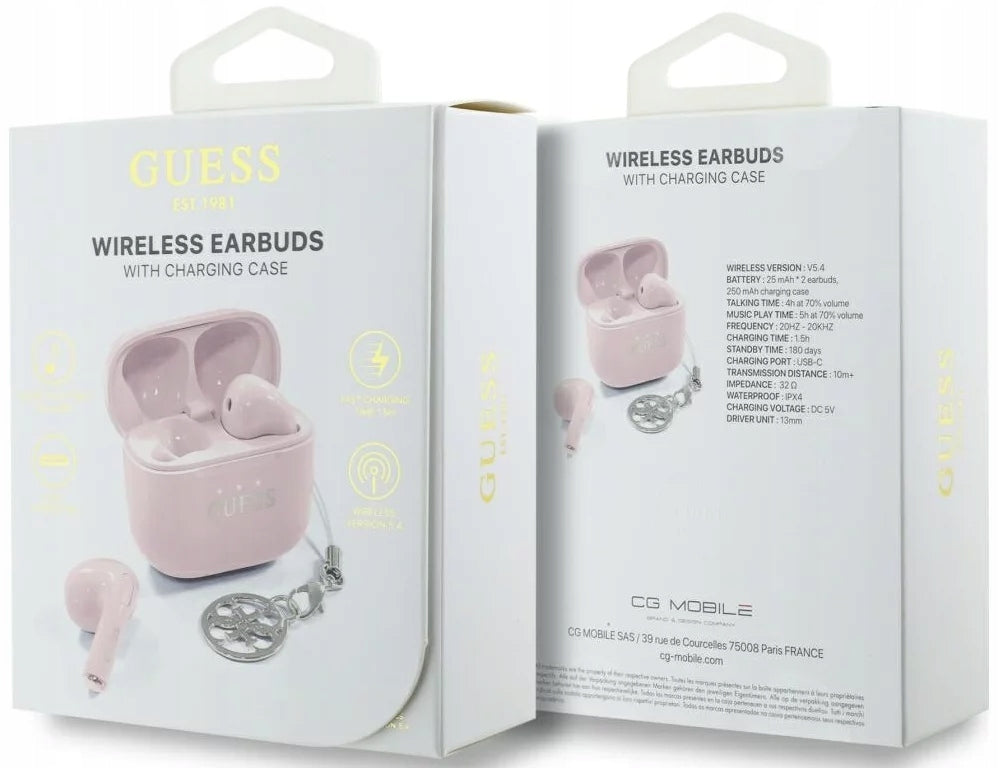 GUESS Glossy Effect Printed Classic Logo & Charm In-Ear Headphones Pink