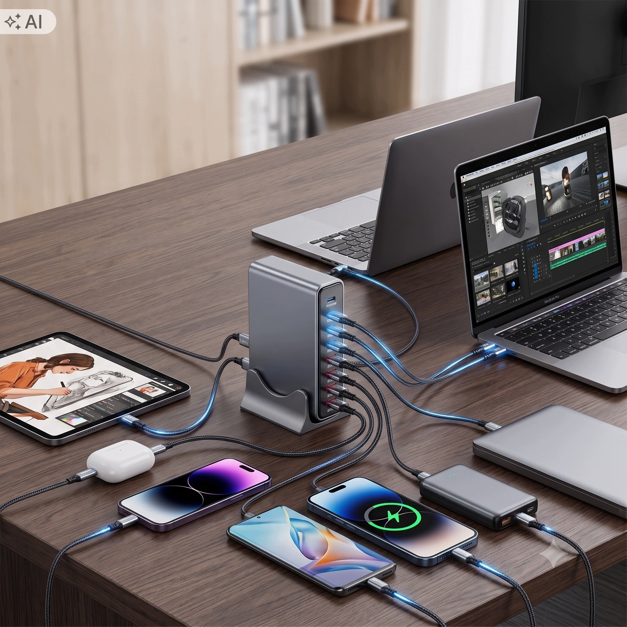 GaN Desktop Charger 530W 8 Ports USB-C PD140W QC3.0 Stand Cable Packaging status original