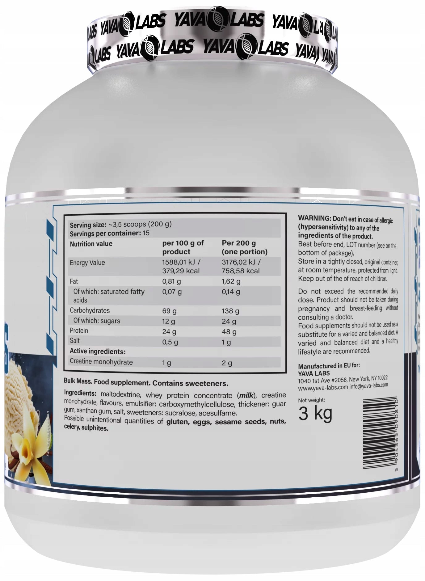 Gainer for athletes Bulk Mass Yava Labs Cookie with Cream 1500g Manufacturer code Gainer dla sportowców Bulk Mass Yava Labs