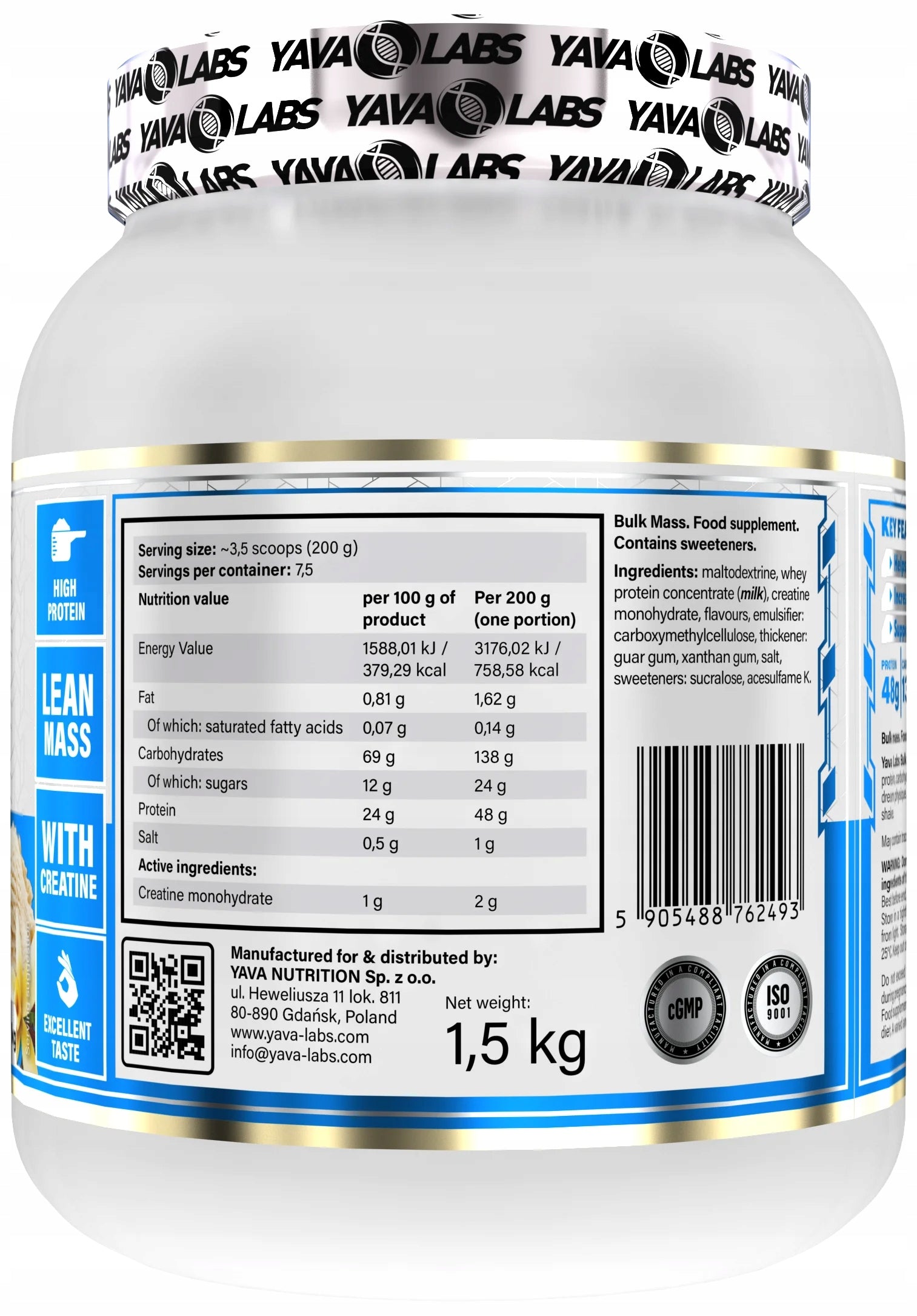 Gainer for athletes Bulk Mass Yava Labs Vanilla Ice Cream 1500g Manufacturer code Gainer dla sportowców Bulk Mass Yava Labs