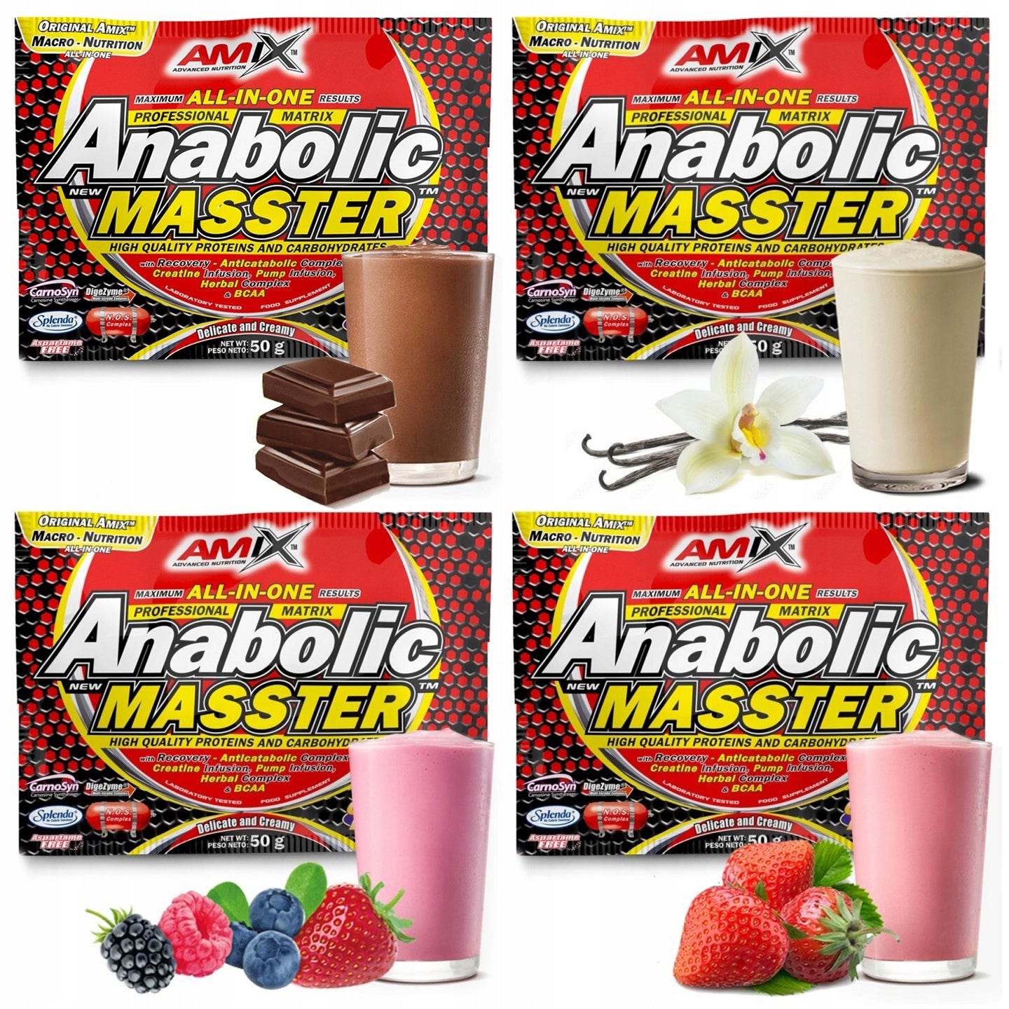 Gainer for mass 4x50g 45% protein forest fruit strawberry vanilla chocolate