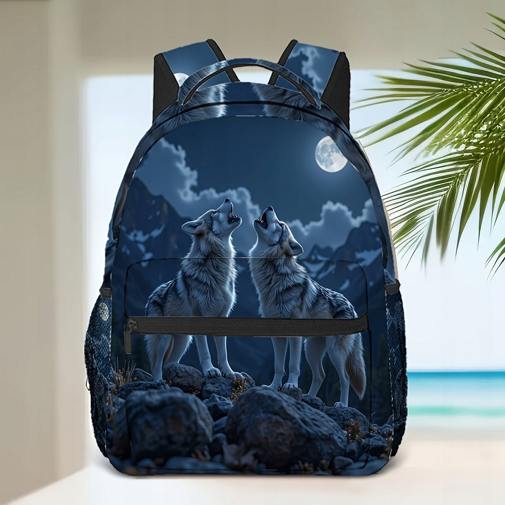Galaxy Blue Wolf Print Backpack for School, Travel, and Hiking