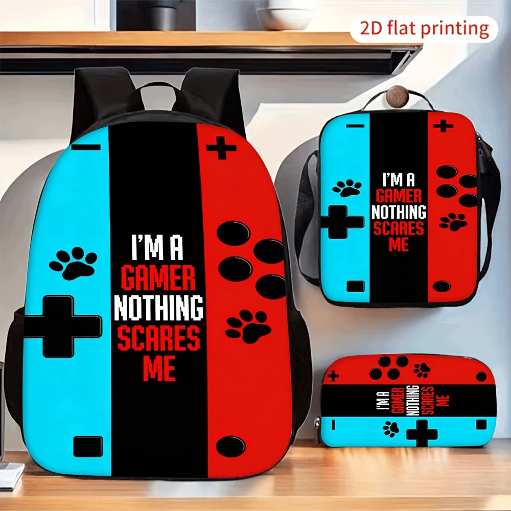 Gamer Print 3-Piece Backpack Set with Lunch Bag and Pencil Pouch