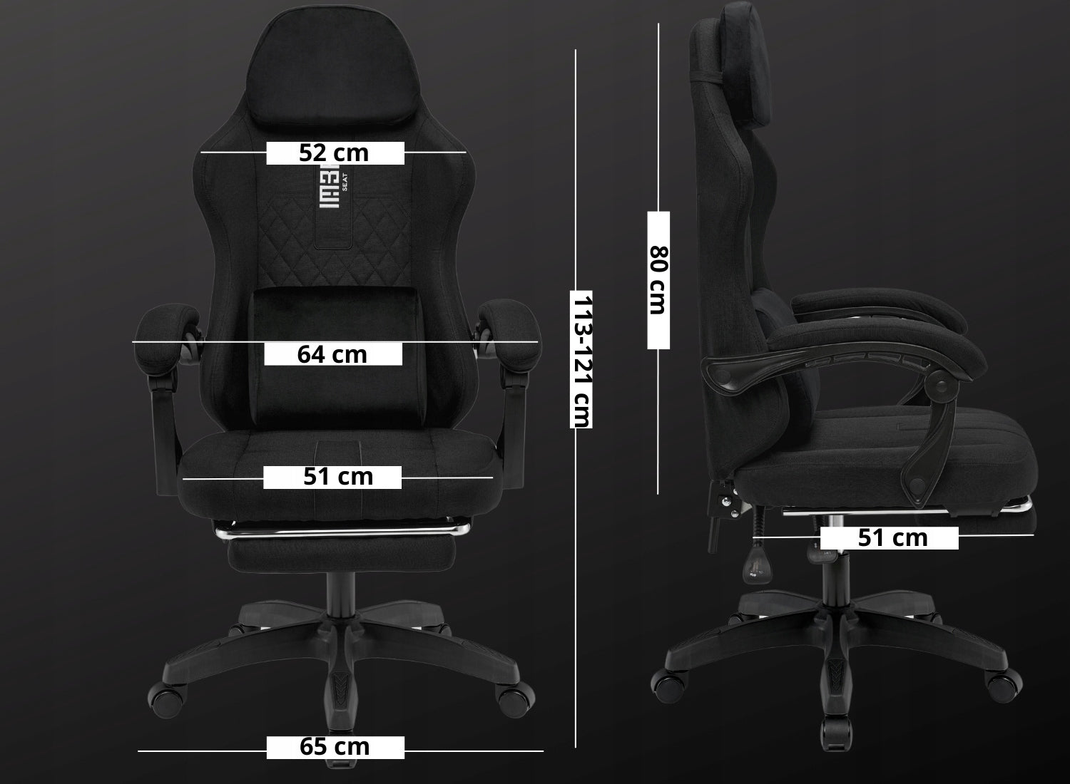 Gaming Chair Office Swivel Player Chair Fabric Black Furniture width 65 cm