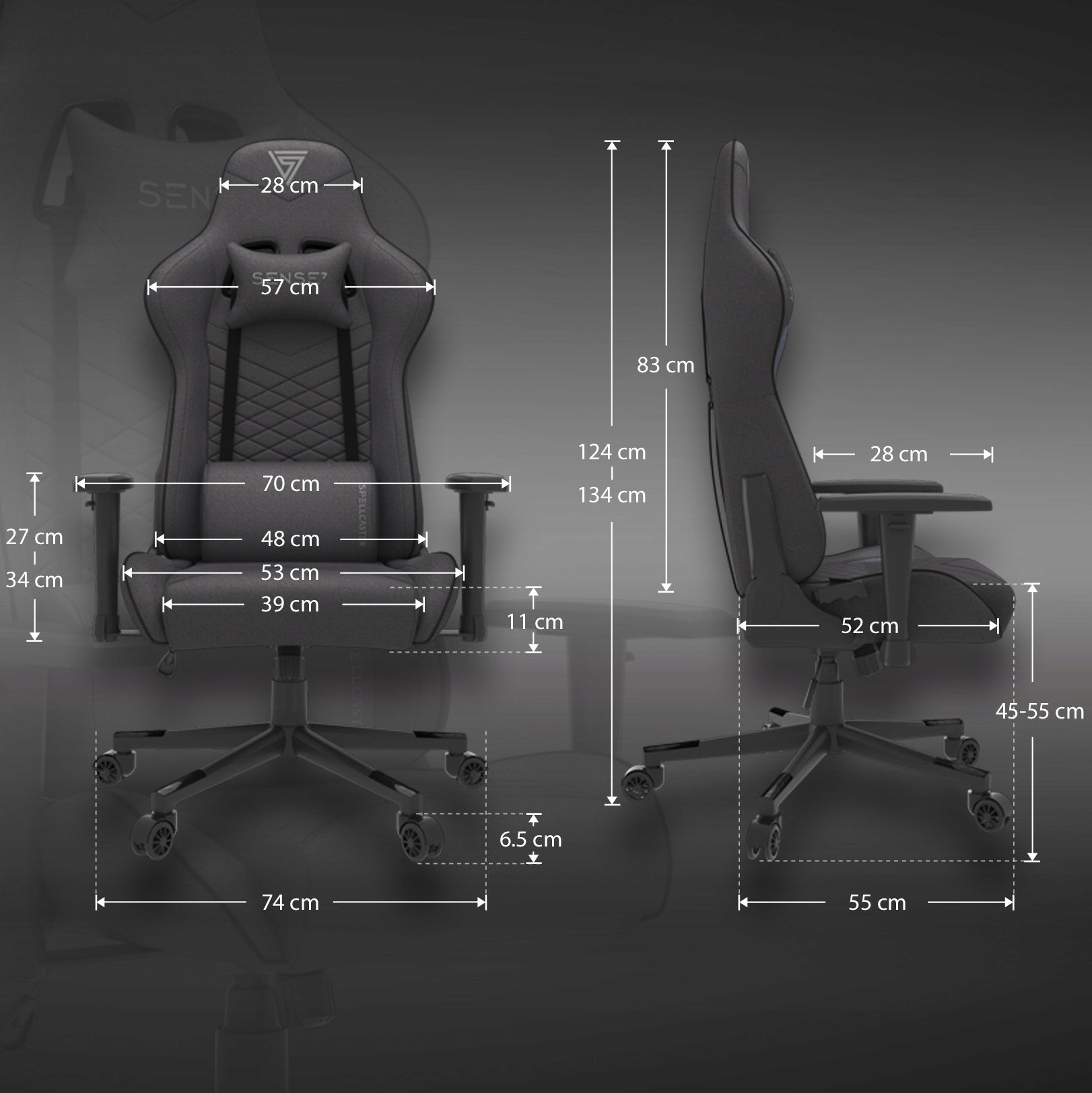 Gaming Chair Up to 150kg Adjustable Swivel Bucket Material Sense7 Furniture width 69.5 cm