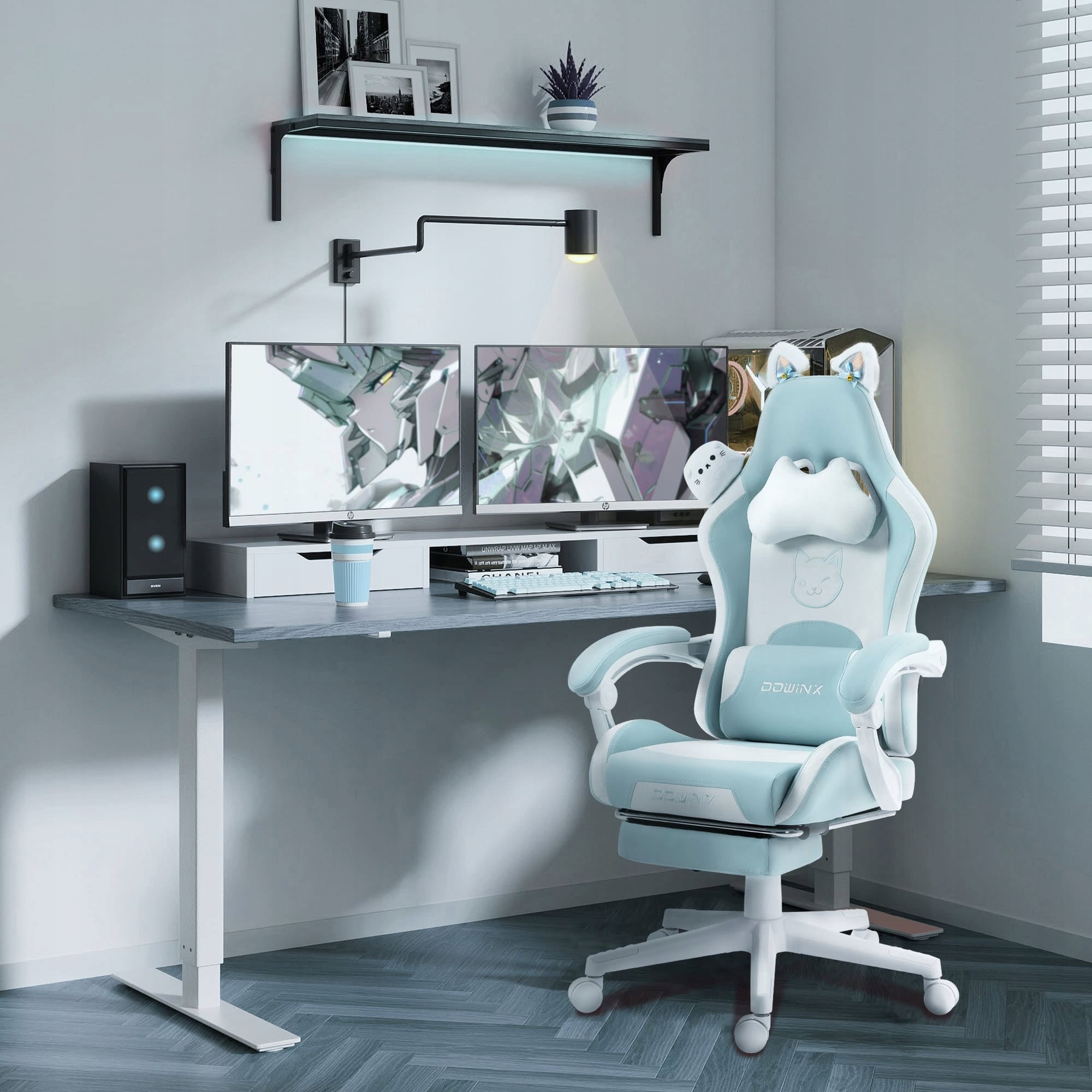 Gaming Chair with Cat Ears Ergonomic with Footrest Blue Furniture depth 76 cm