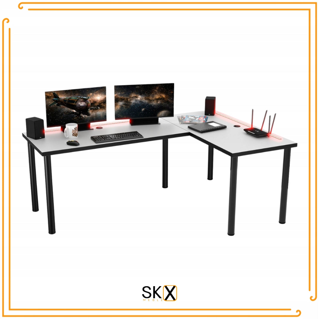 Gaming Desk Corner White Double Sided LED Furniture depth 65 cm