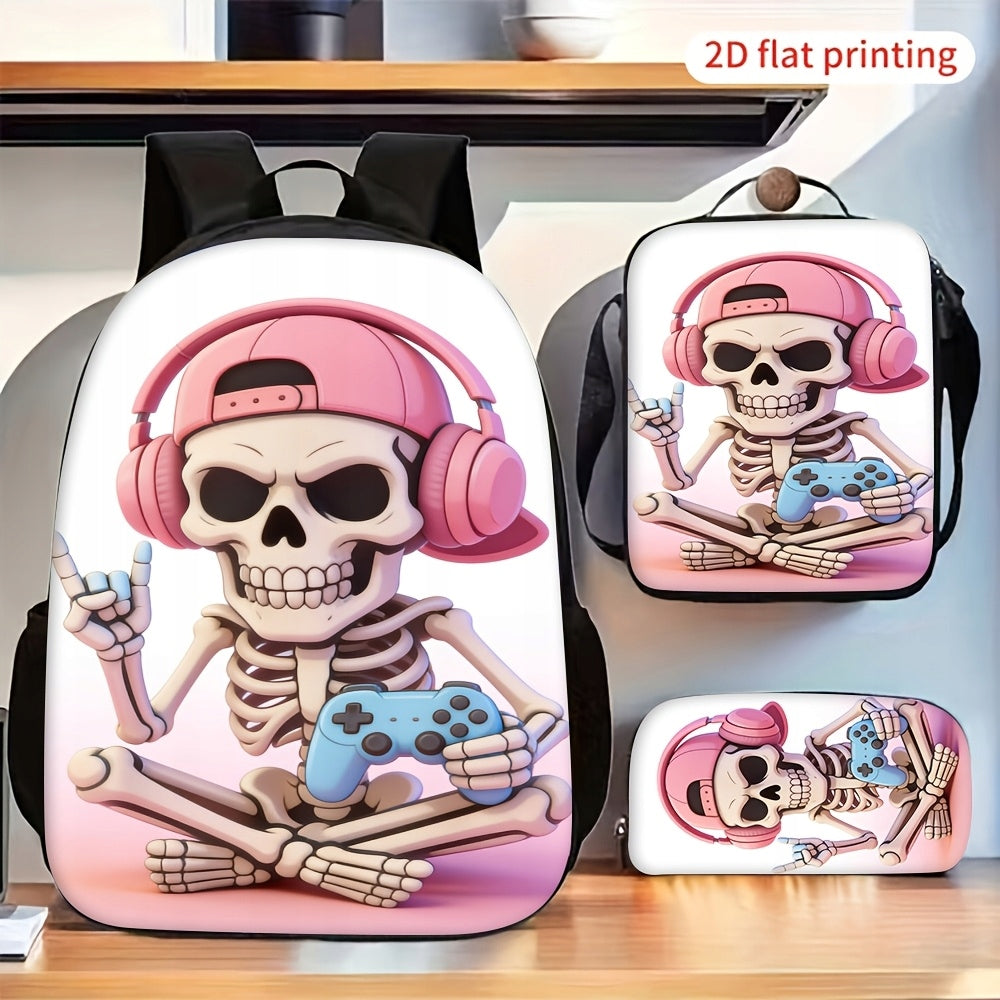 Gaming Skeleton Print Backpack Set with Lunch Bag and Pencil Case