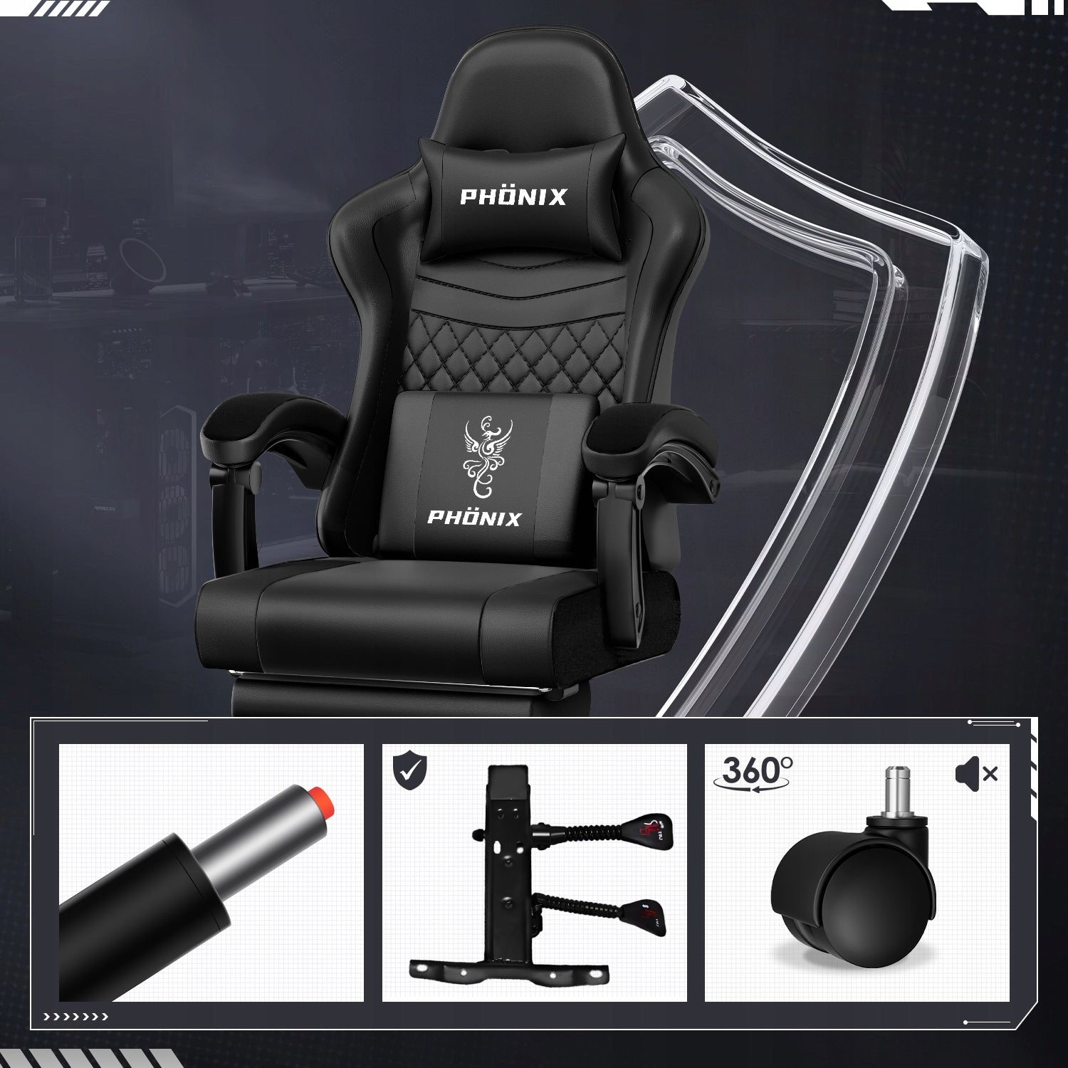 Gaming chair ergonomic health spine with footrest black Furniture depth 70 cm