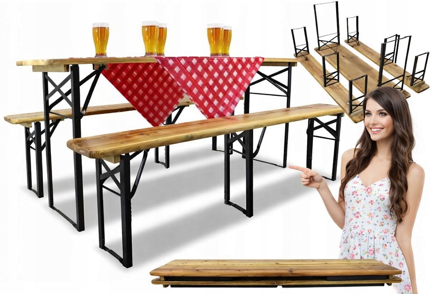 Garden Beer Feast Set 180 cm Table 2 Benches Folding Wood Beige