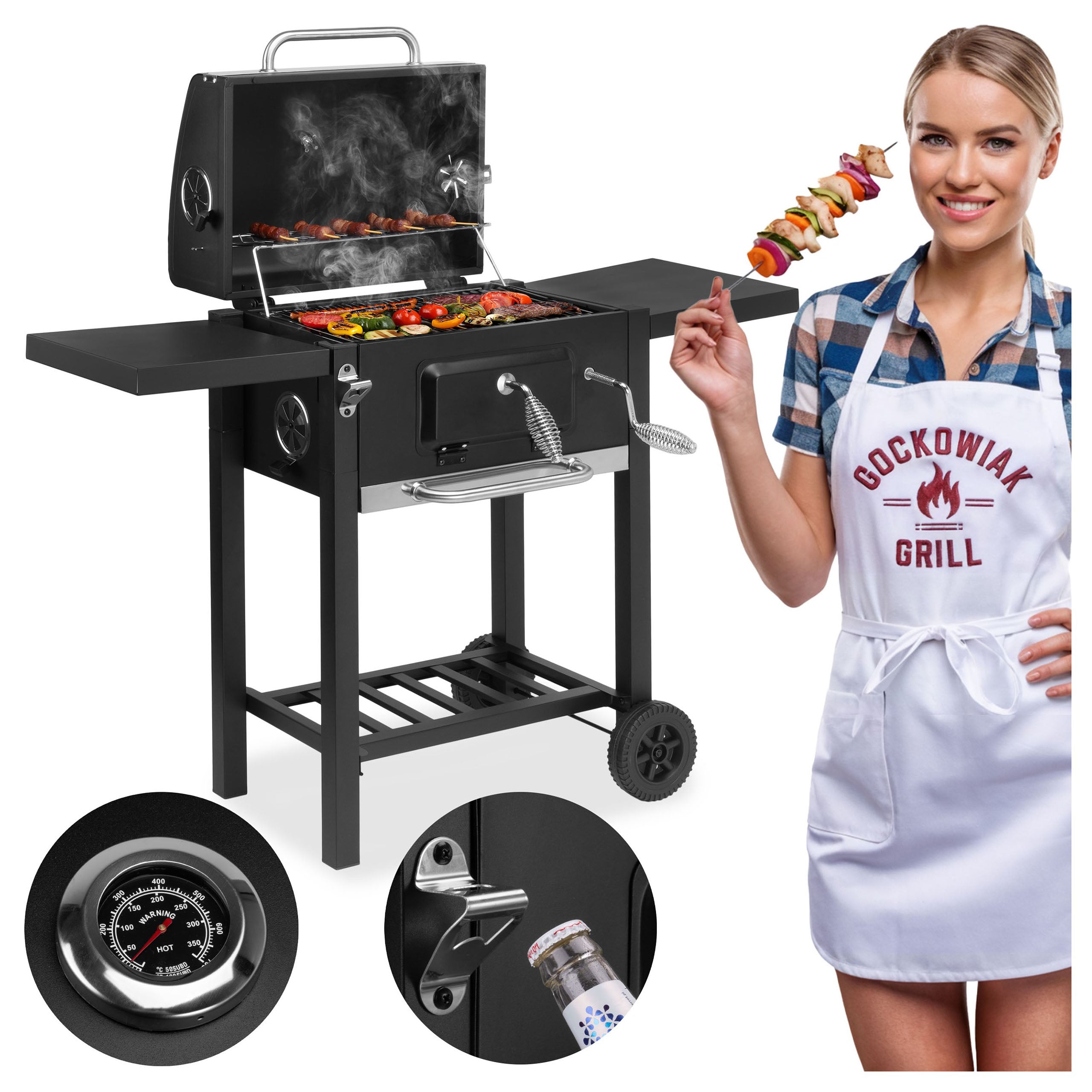 Garden Charcoal Grill with Cover Ashtray Thermometer Burner Adjustment
