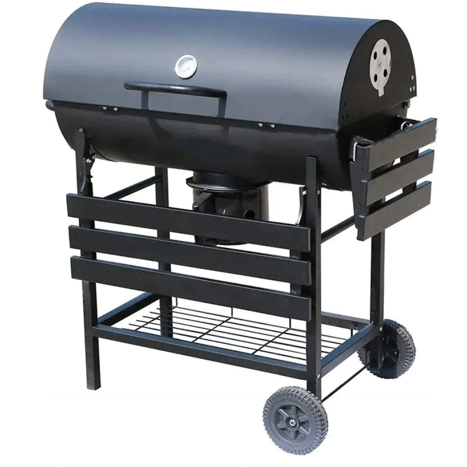 Garden Charcoal Grill with LID Large Barrel Ashtray Thermometer Shelves Grate length 71 cm