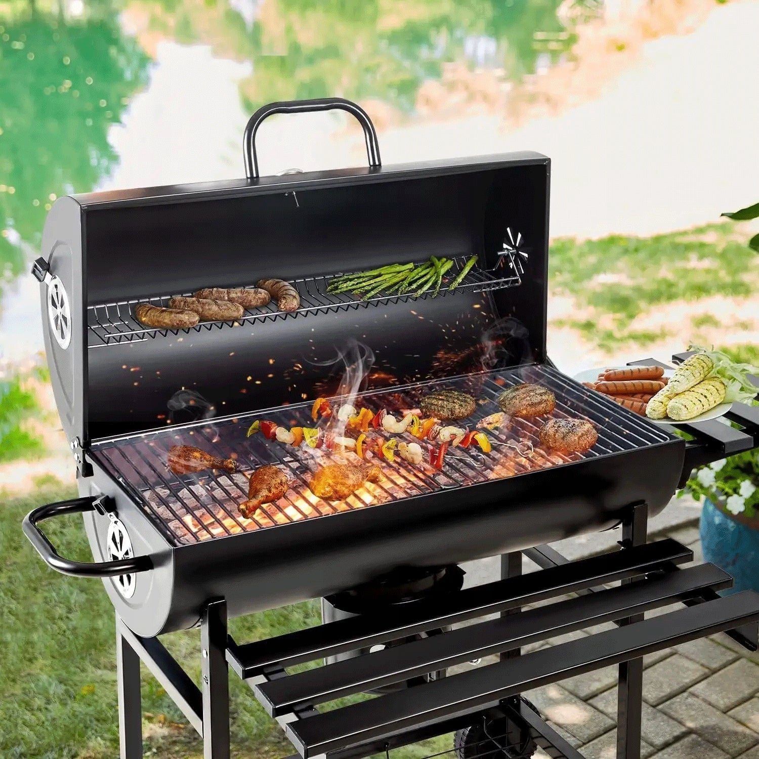 Garden Charcoal Grill with LID Large Barrel Ashtray Thermometer Shelves Manufacturer code Grill węglowy Primaveo Ignis