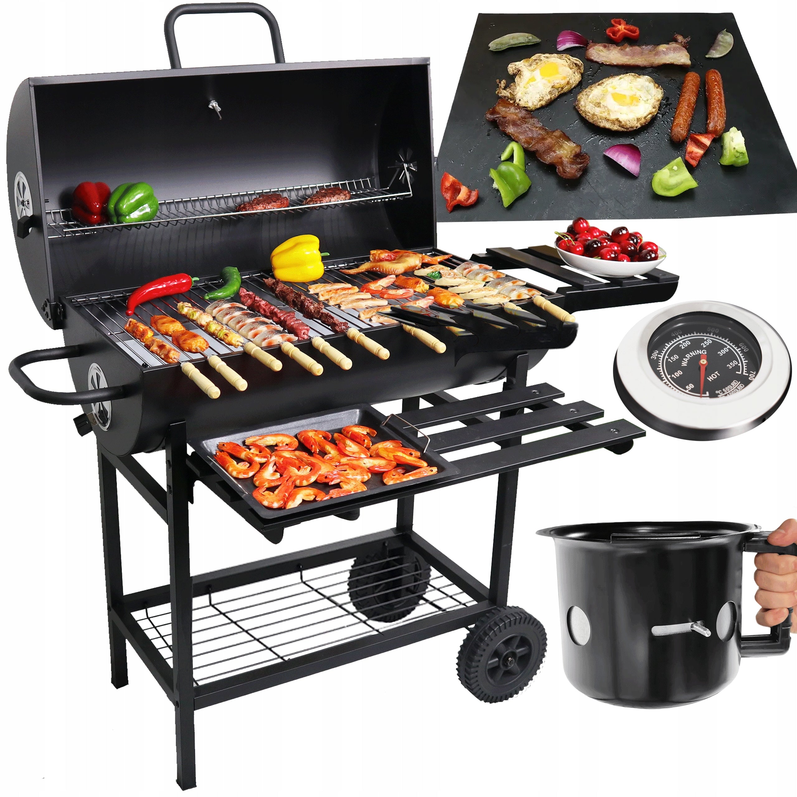 Garden Charcoal Grill with LID Large Barrel Ashtray Thermometer Shelves