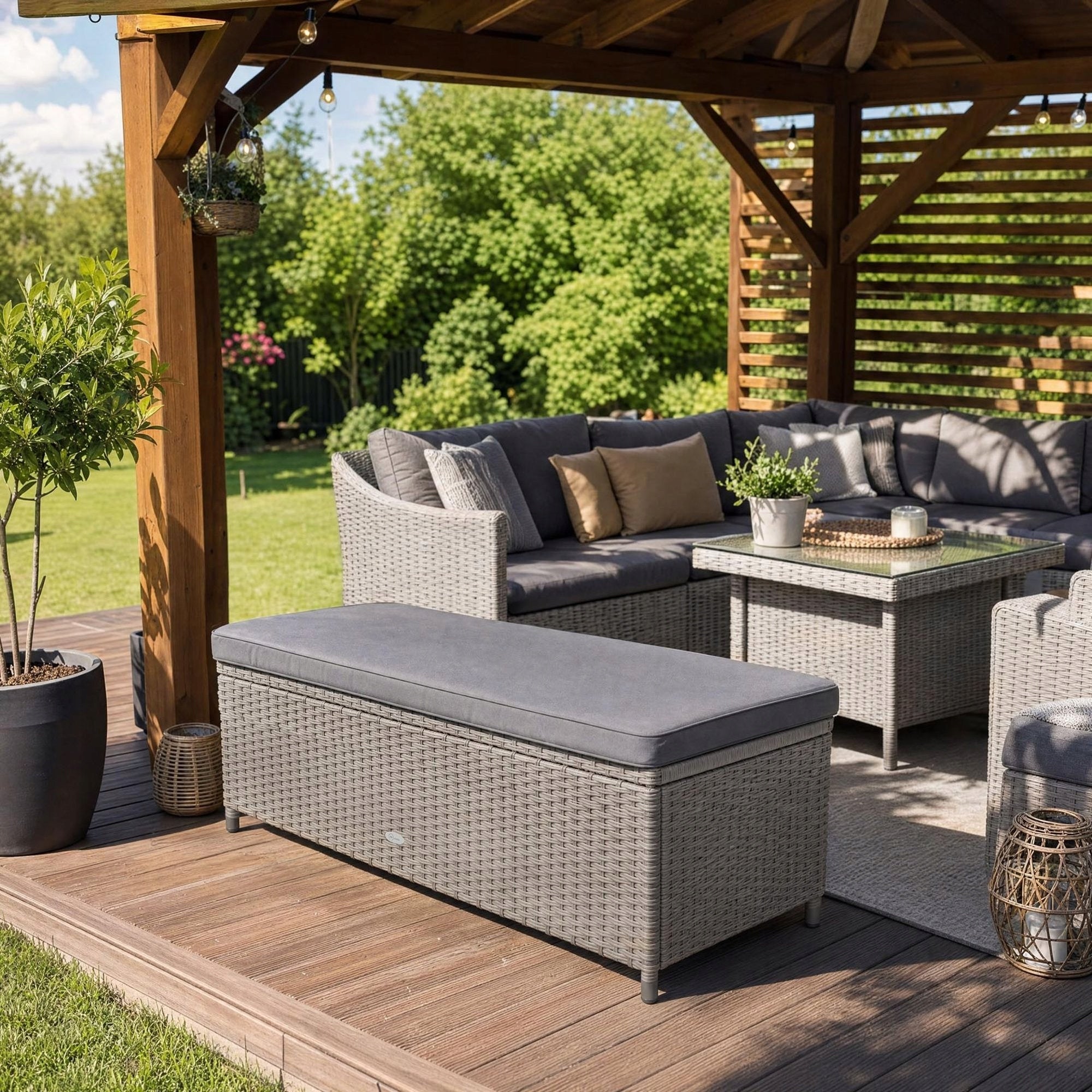 Garden Chest with Seat Cushion Storage Bench Technorattan 2-Person Furniture width 120 cm
