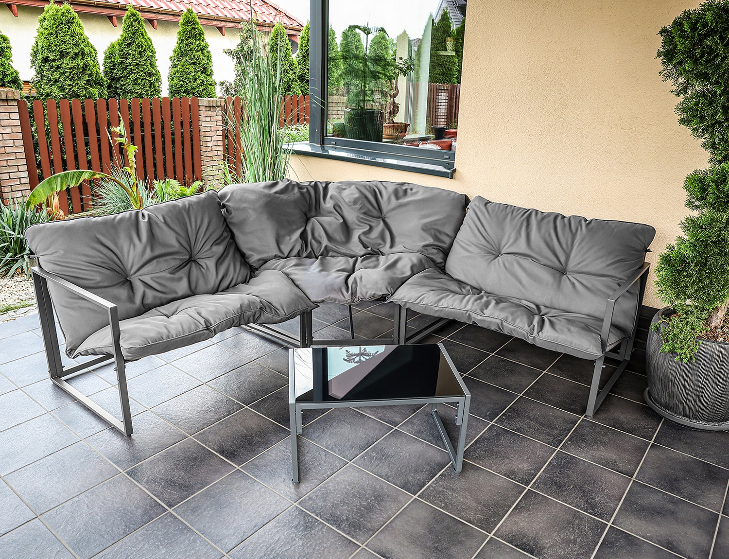 Garden Corner Set Garden Furniture LAZIO Glass Top + Cushions Manufacturer GardenS