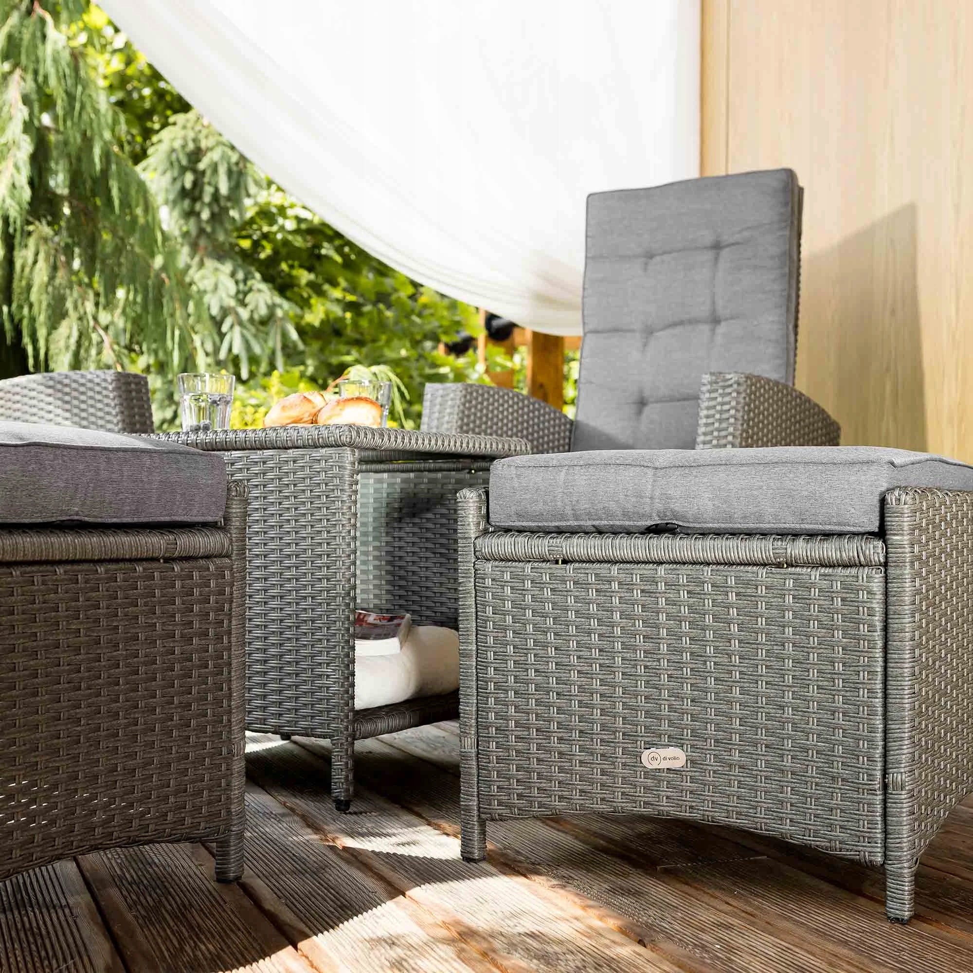 Garden Furniture Adjustable Seat Backrest Coffee Table Footrest Pouf Set Color gray
