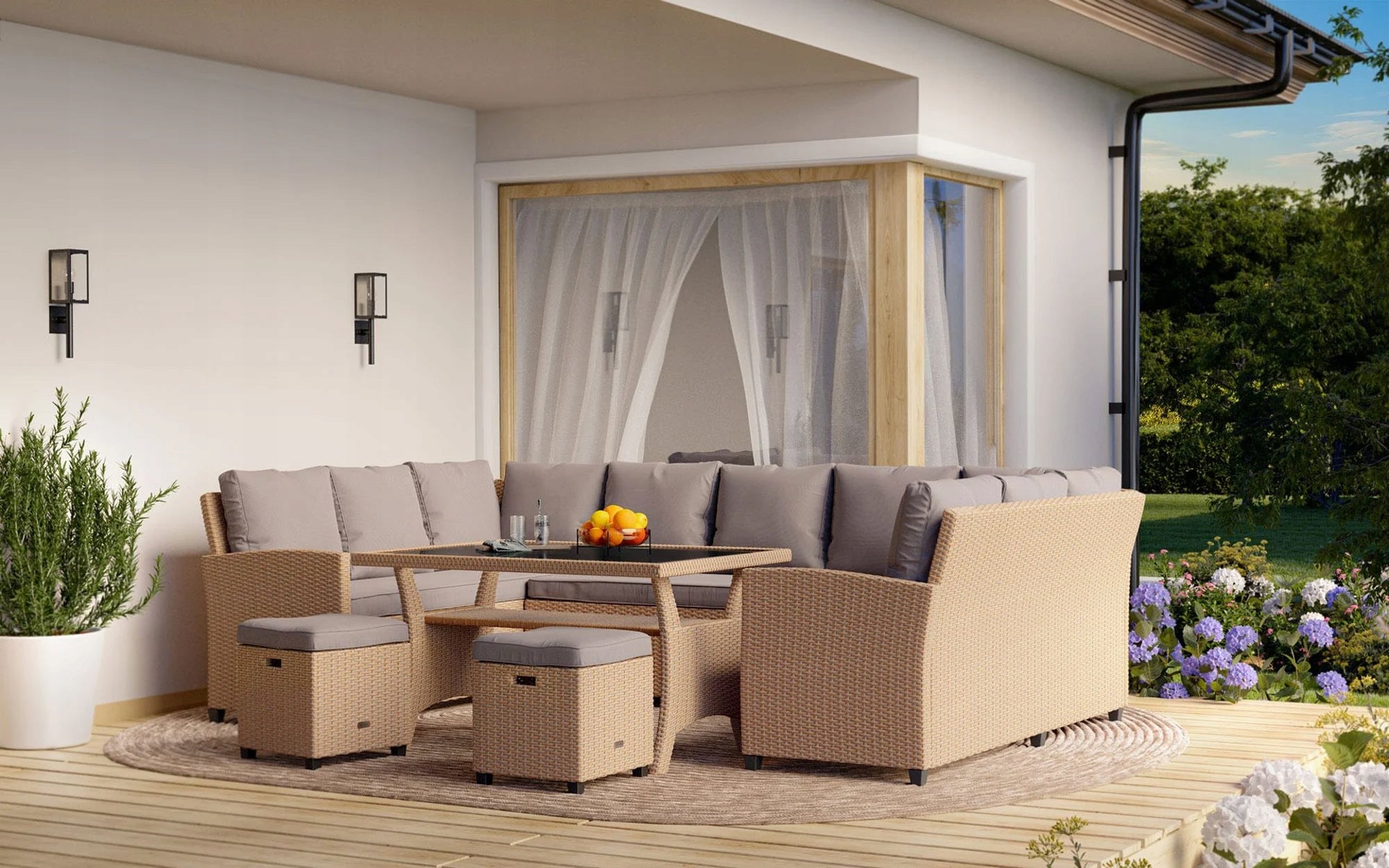 Garden Furniture Set 11 Person Beige Corner Table Furniture Technorattan Set contents corner sofa pouf table
