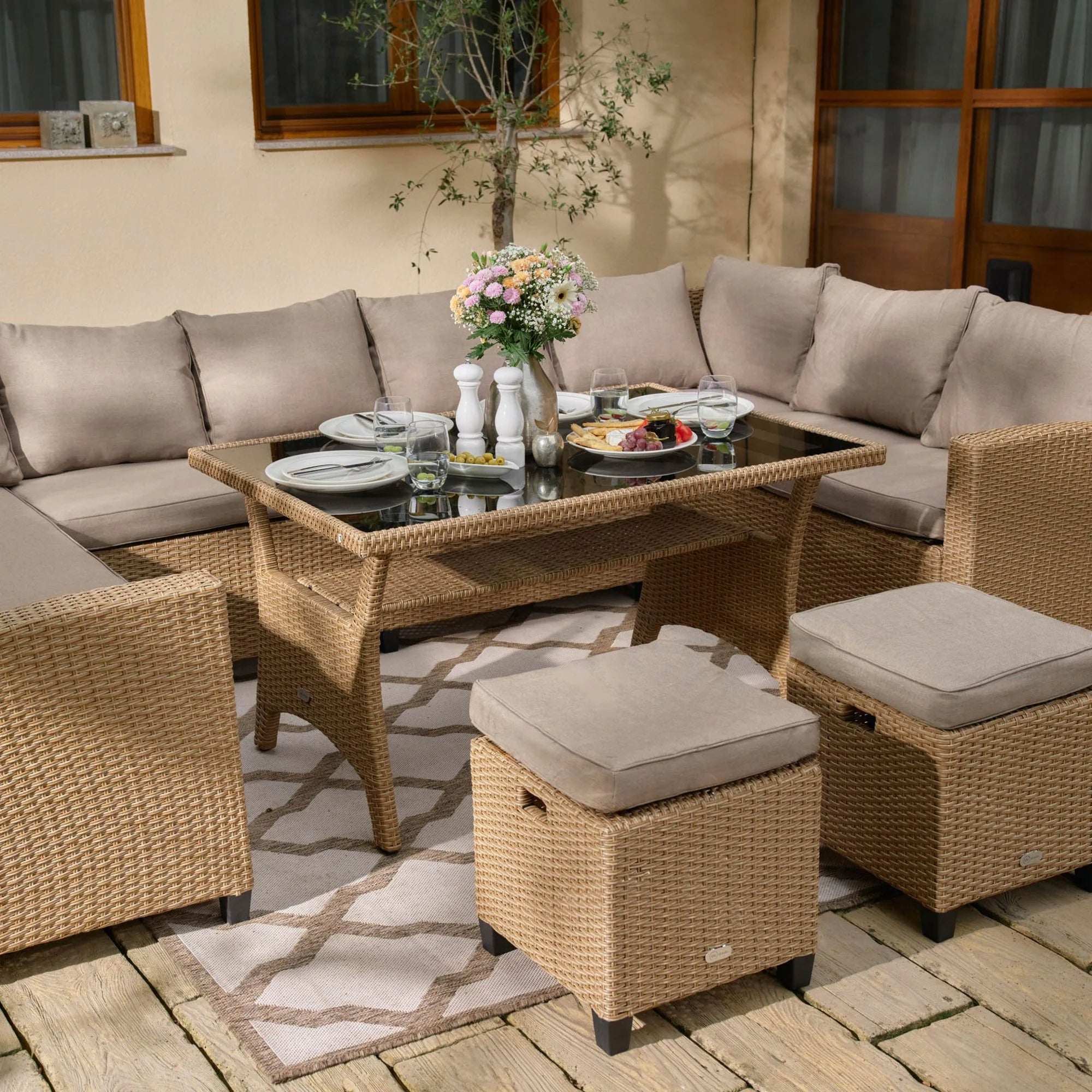 Garden Furniture Set 11 Person Beige Corner Table Furniture Technorattan Style universal