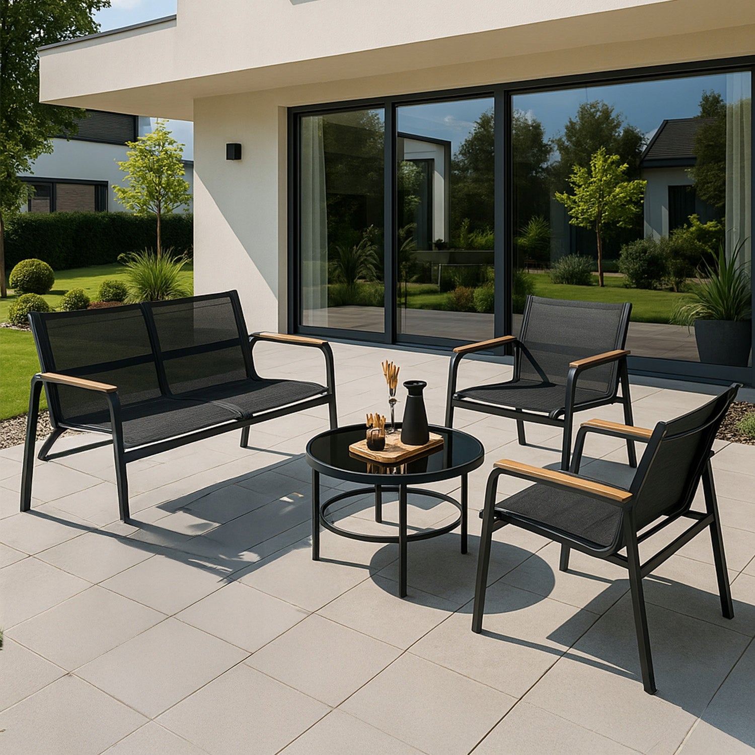 Garden Furniture Set Balcony 2x Armchair Sofa Table MANGO Black Coffee Line MANGO