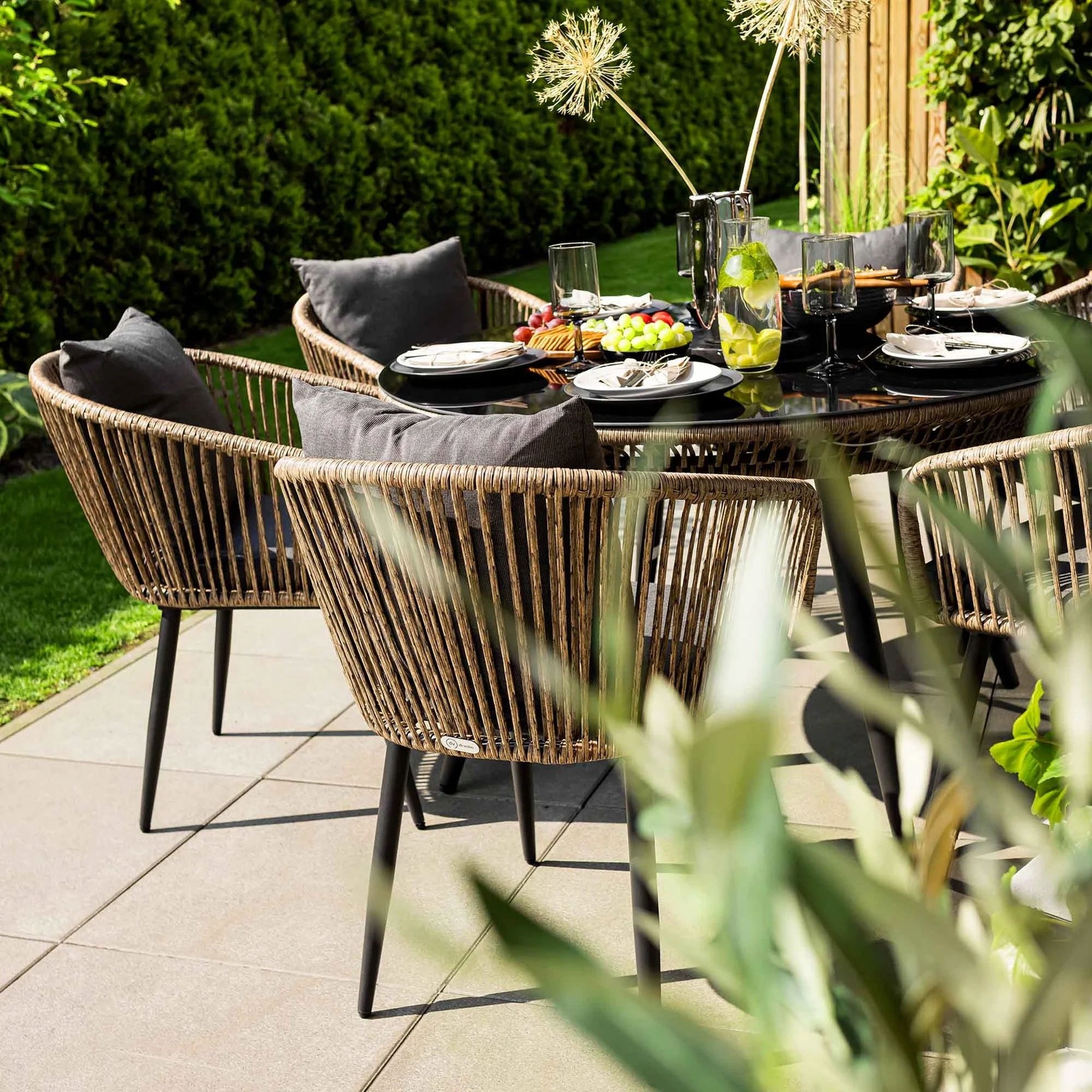 Garden Furniture Set Dining Table 6 Armchairs Technorattan Handmade Color beige